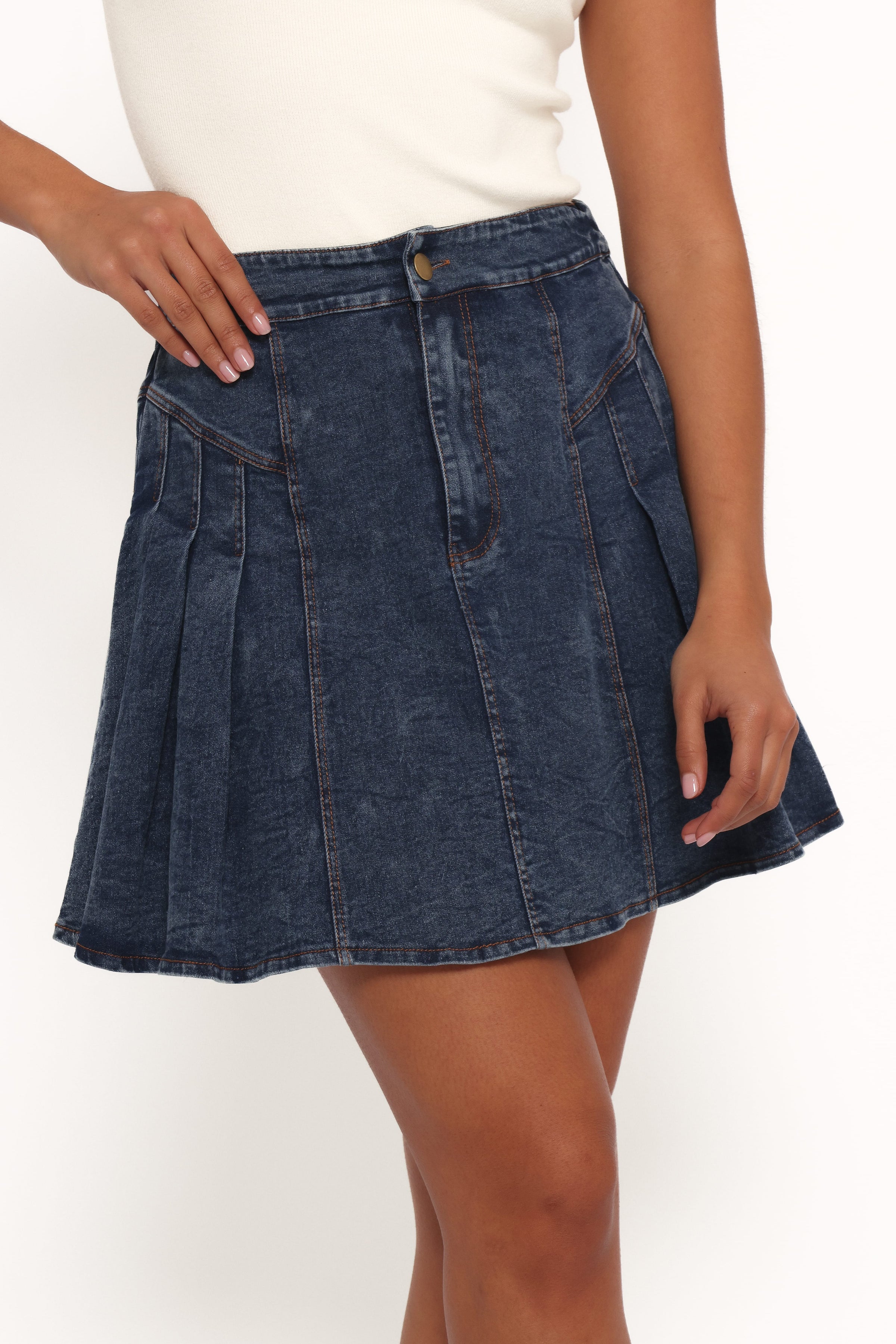BOTTOMS Alek Pleated Mini Skirt - Mid Wash Denim