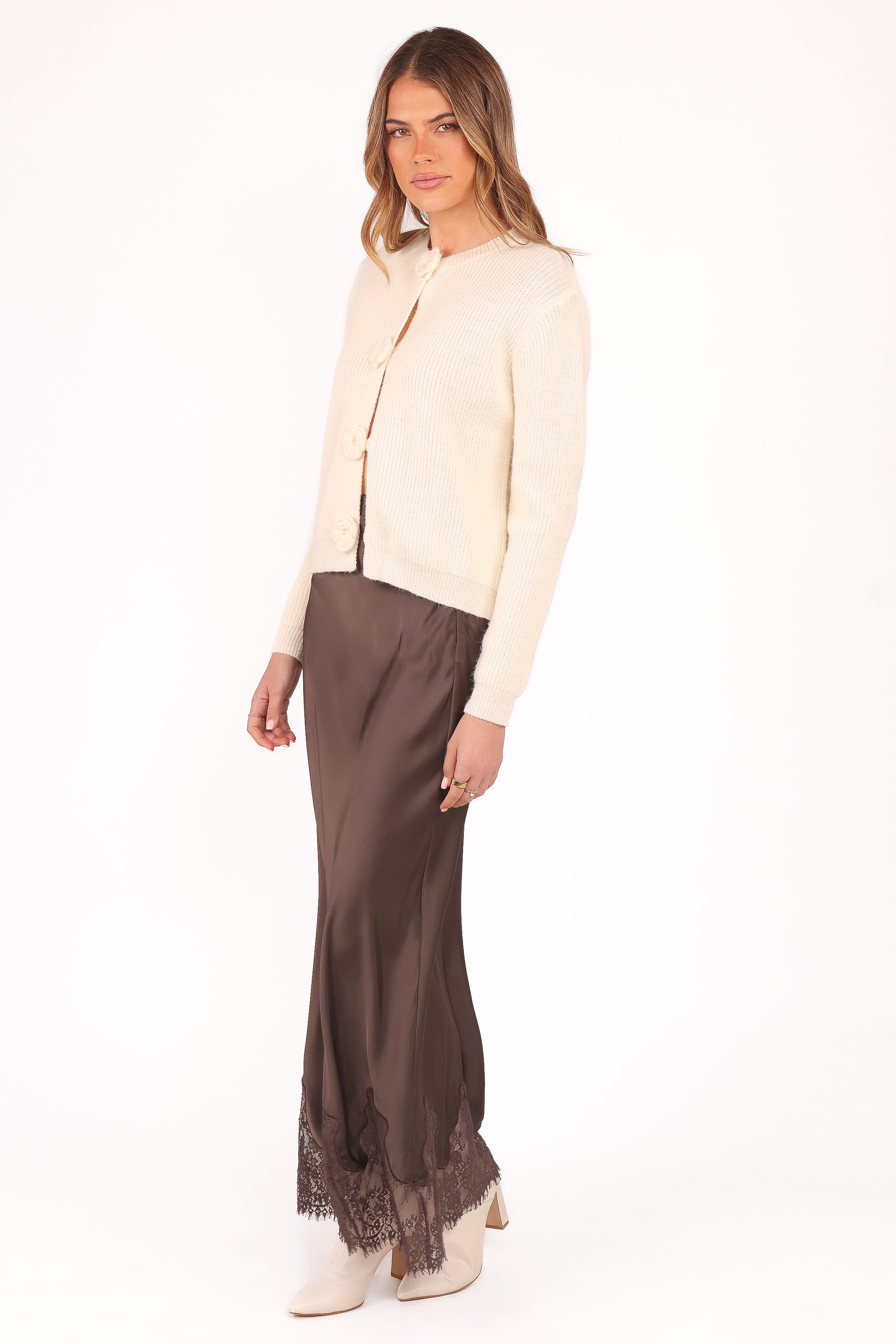BOTTOMS Alira Lace Trim Midi Skirt - Brown