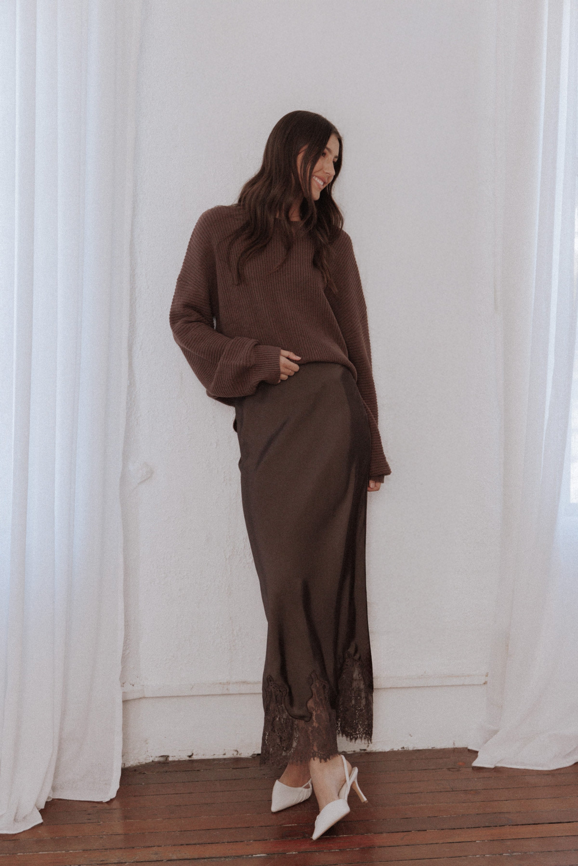 BOTTOMS Alira Lace Trim Midi Skirt - Brown