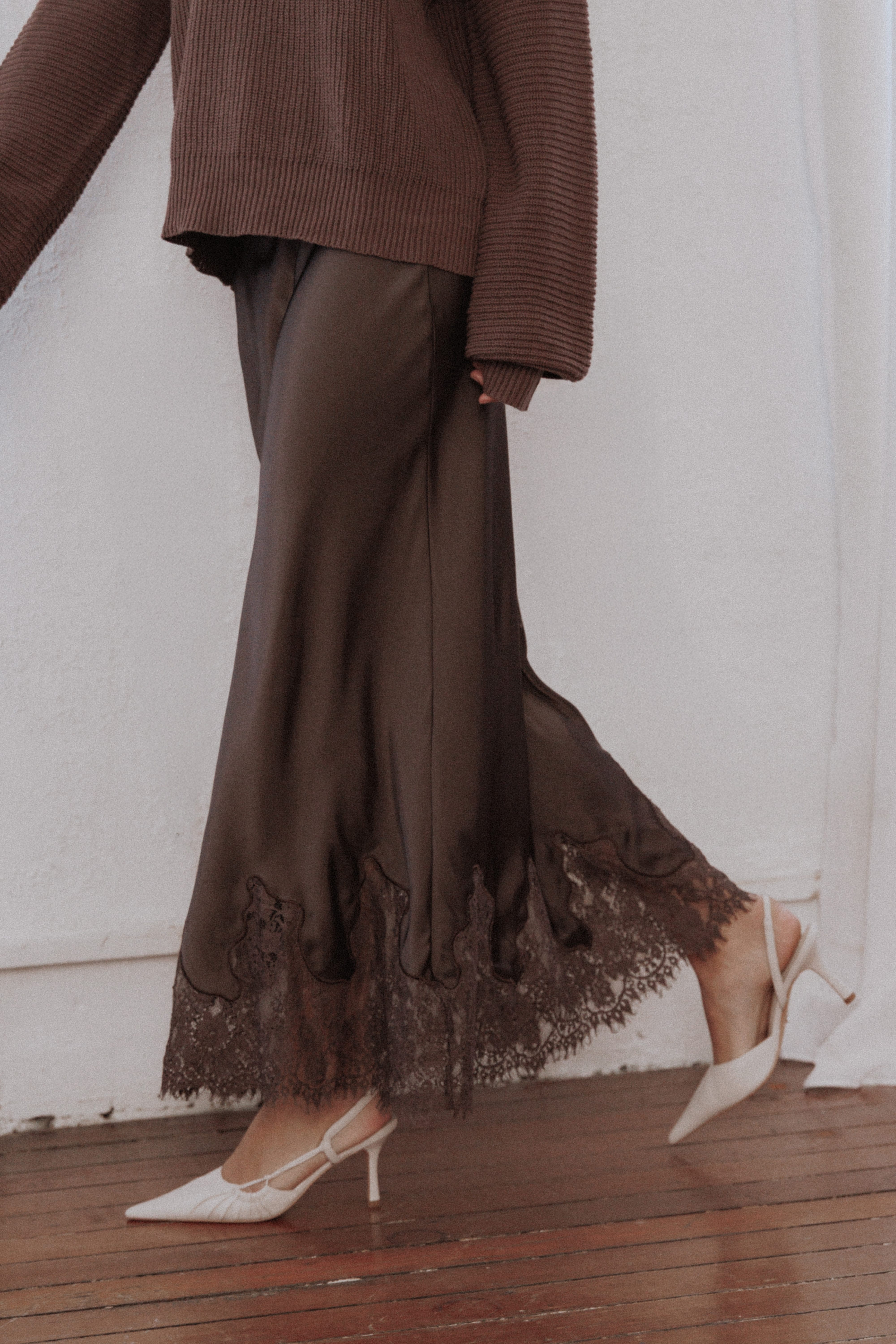 BOTTOMS Alira Lace Trim Midi Skirt - Brown