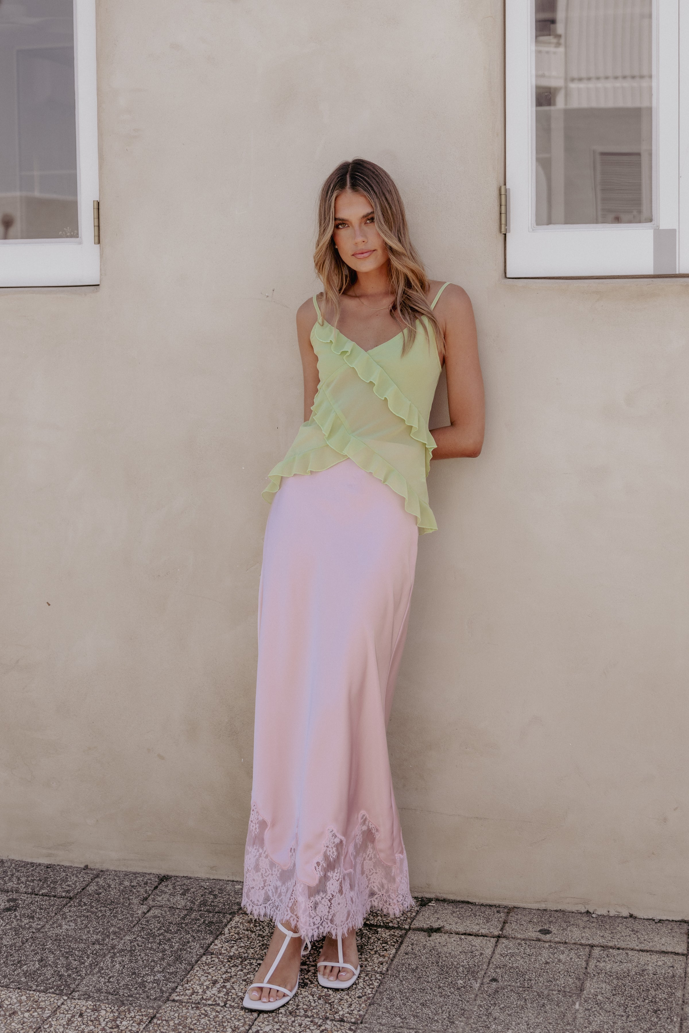 BOTTOMS Alira Lace Trim Midi Skirt - Pale Pink