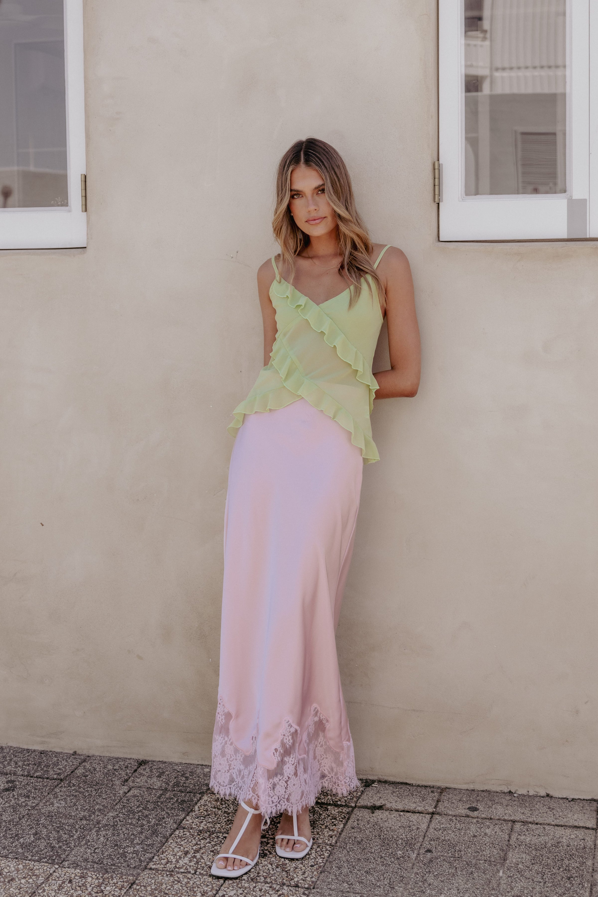 BOTTOMS Alira Lace Trim Midi Skirt - Pale Pink