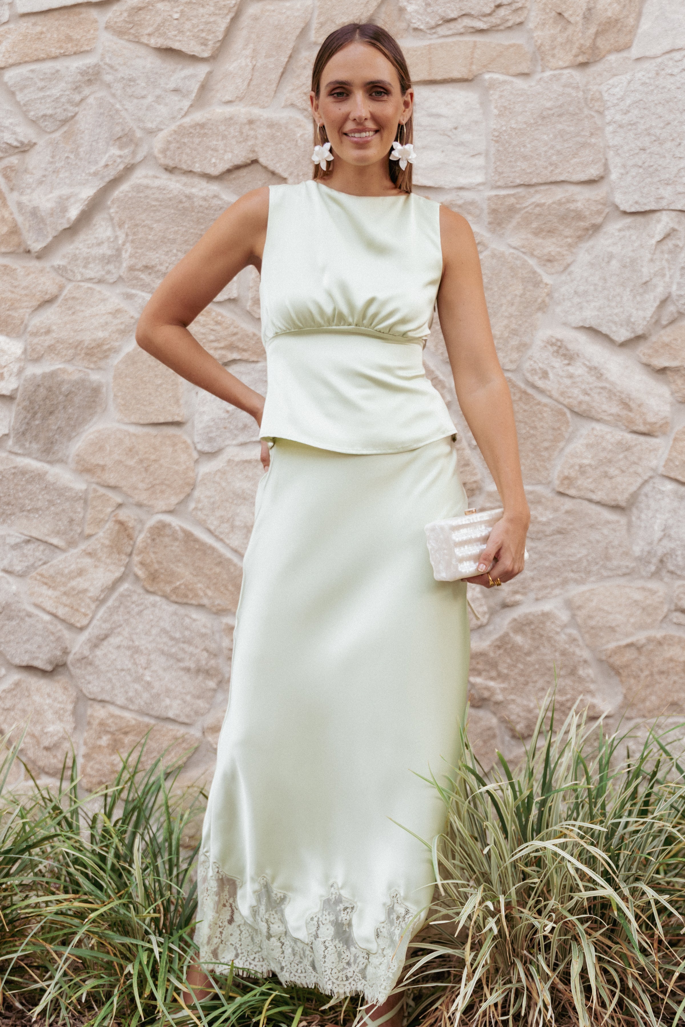 BOTTOMS Alira Lace Trim Midi Skirt - Sage