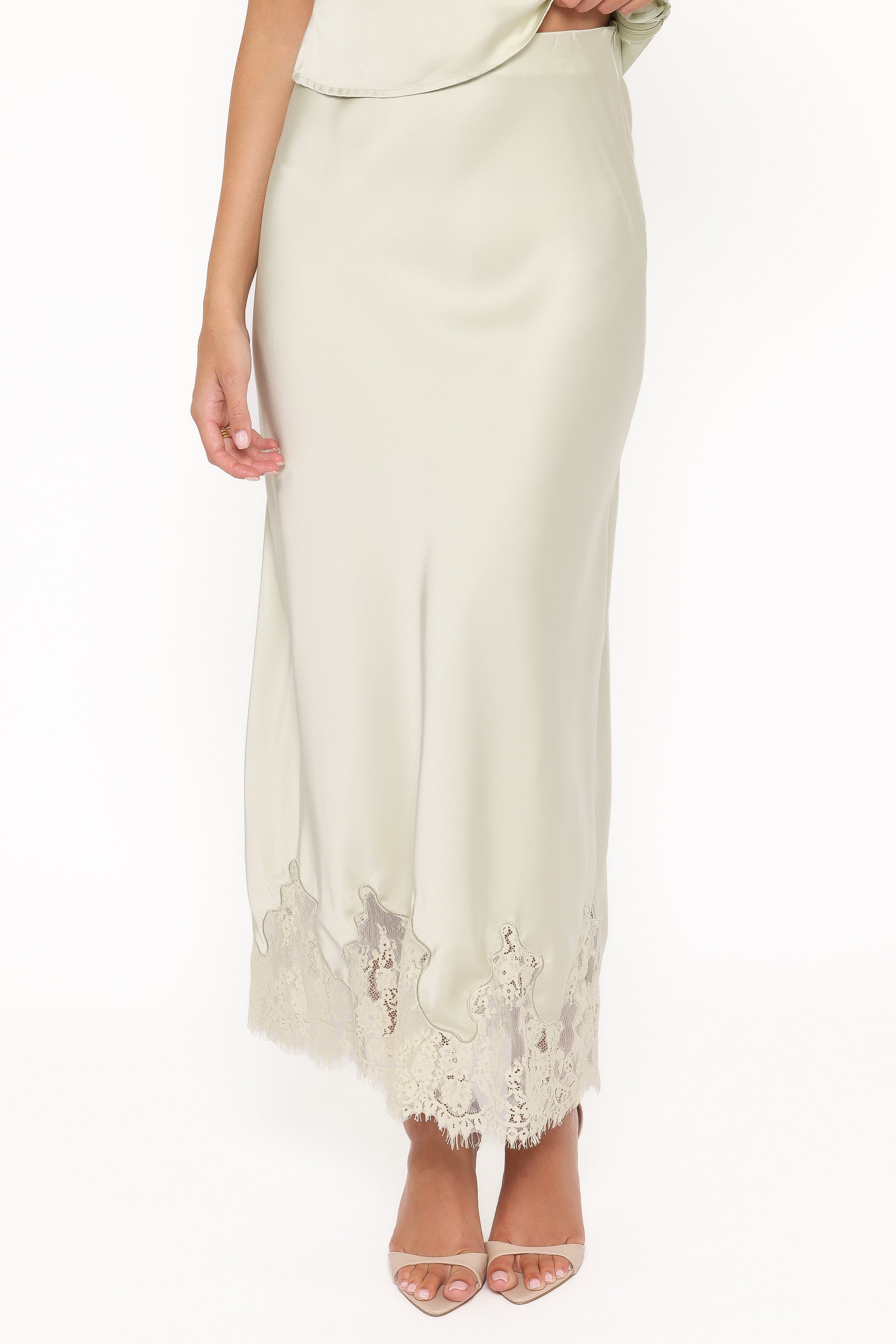 BOTTOMS Alira Lace Trim Midi Skirt - Sage