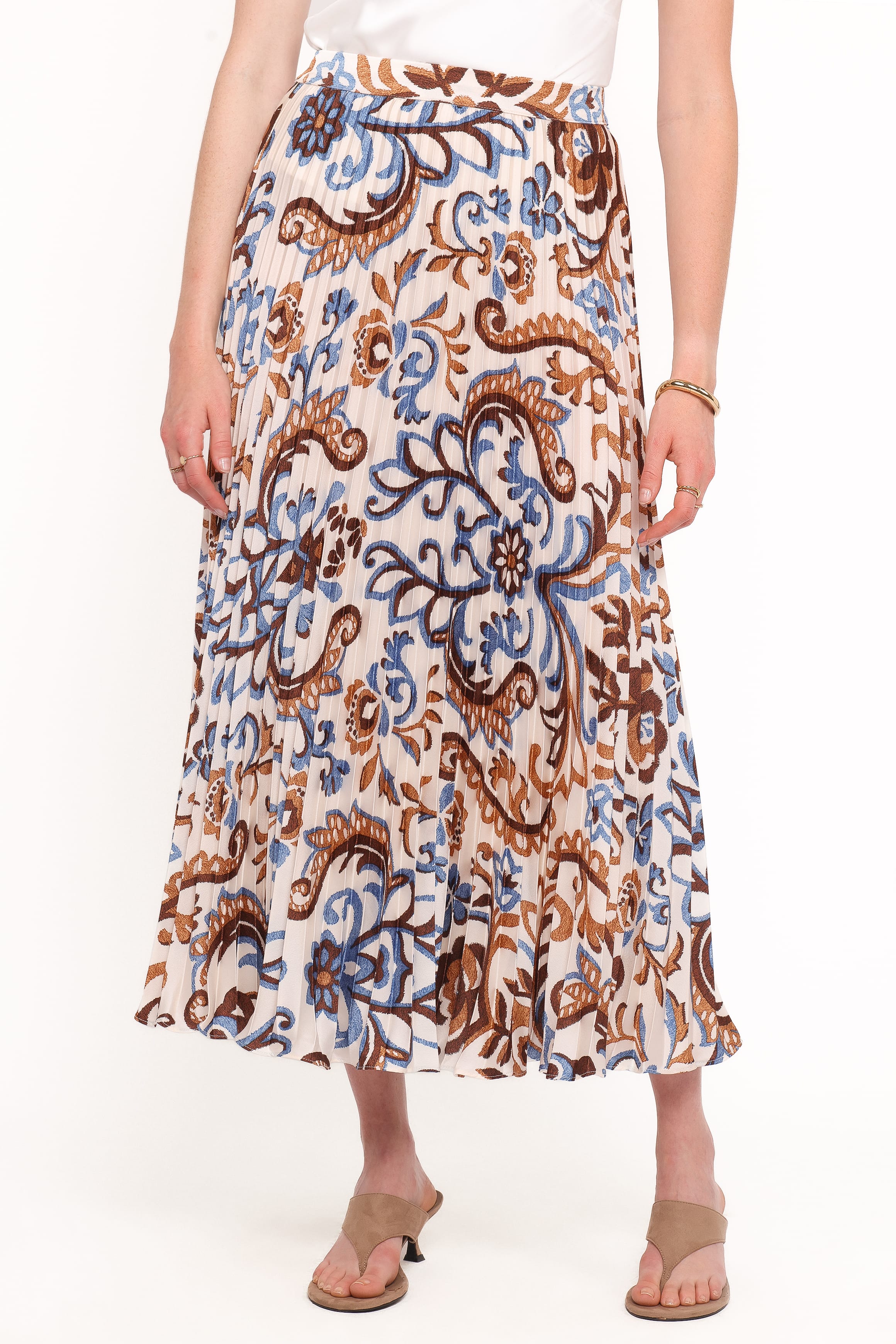 BOTTOMS Aoife Pleated Midi Skirt - Ivory Brown Blue