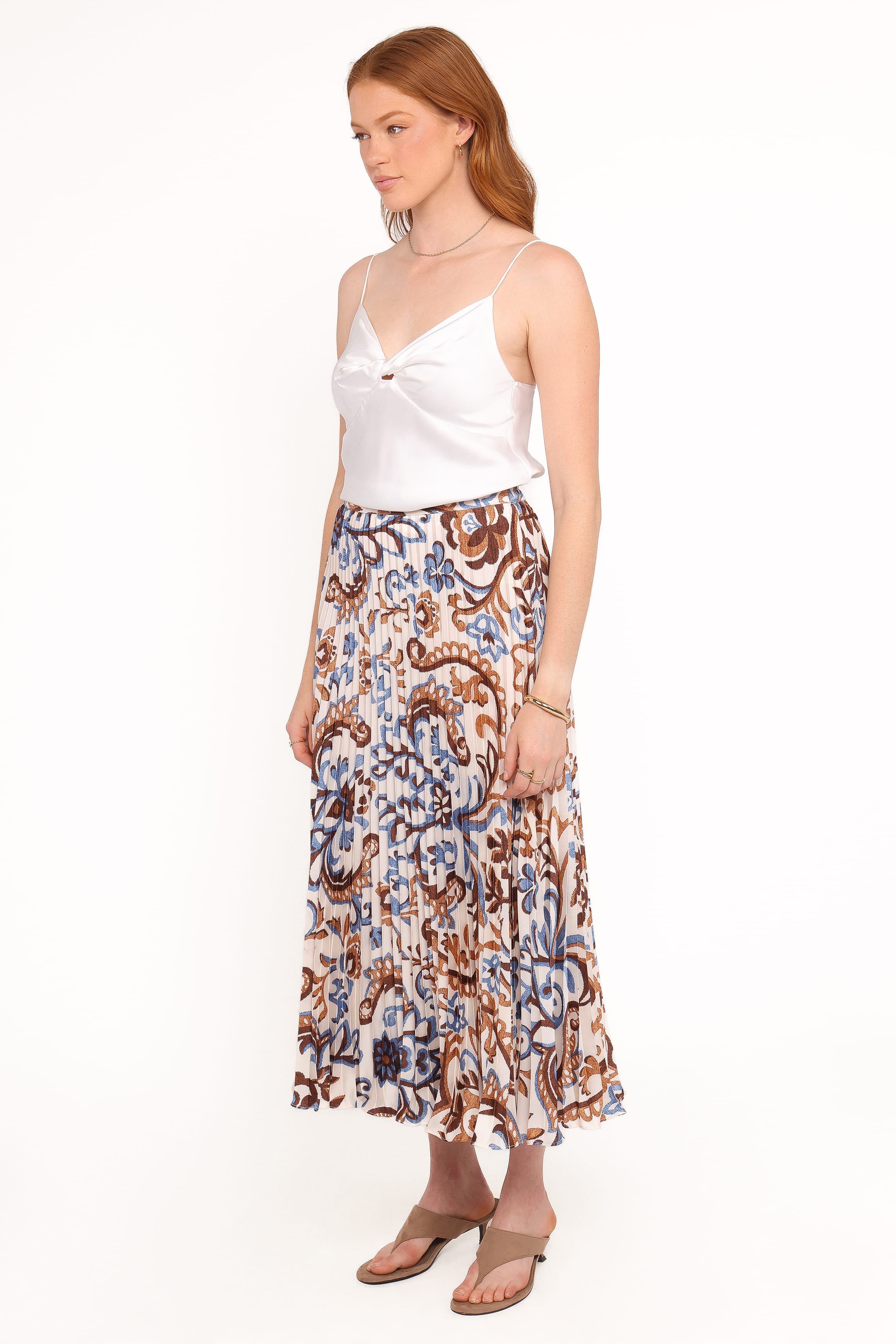 BOTTOMS Aoife Pleated Midi Skirt - Ivory Brown Blue