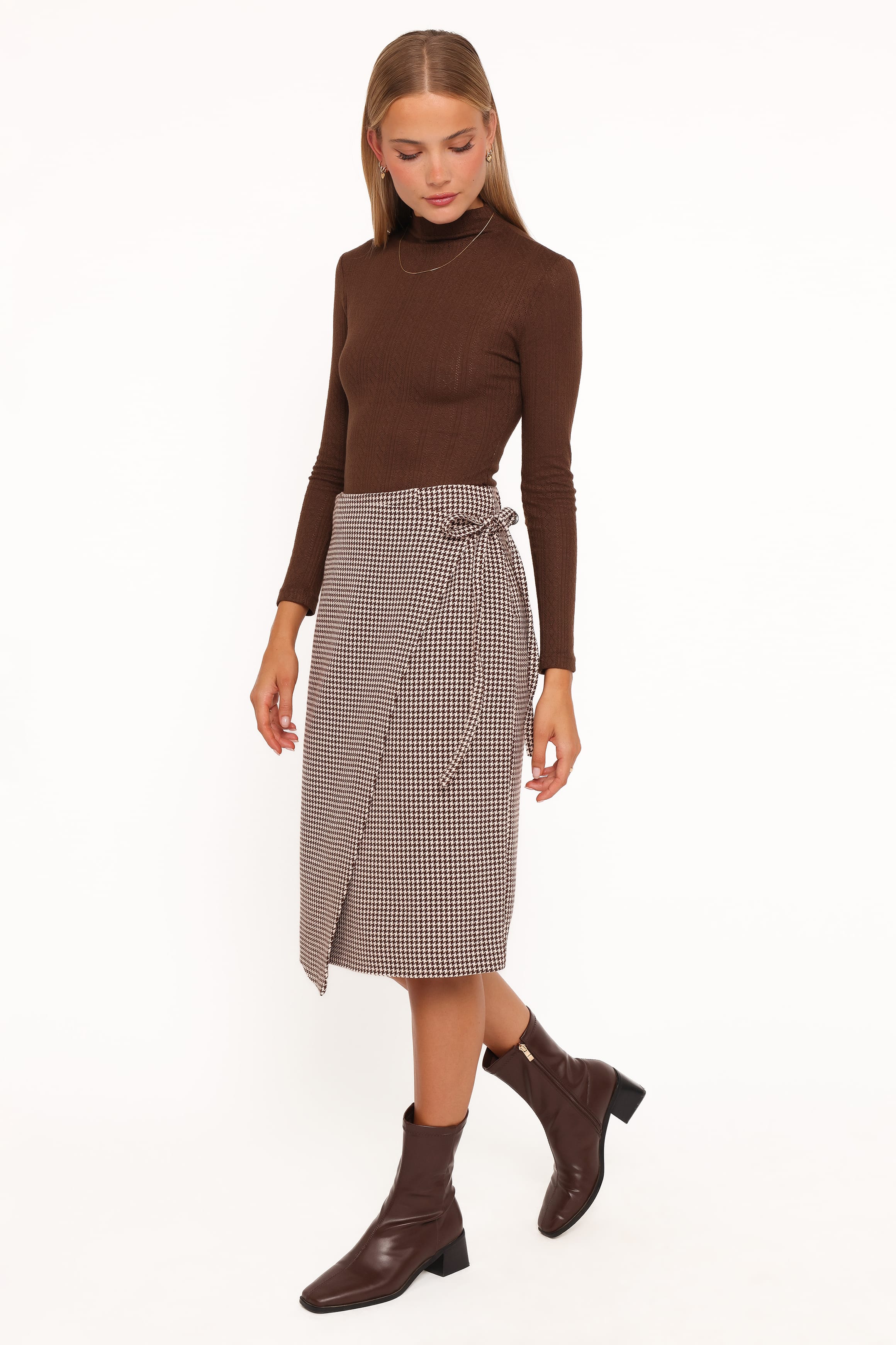 BOTTOMS Ariela Wrap Front Midi Skirt - Brown Houndstooth