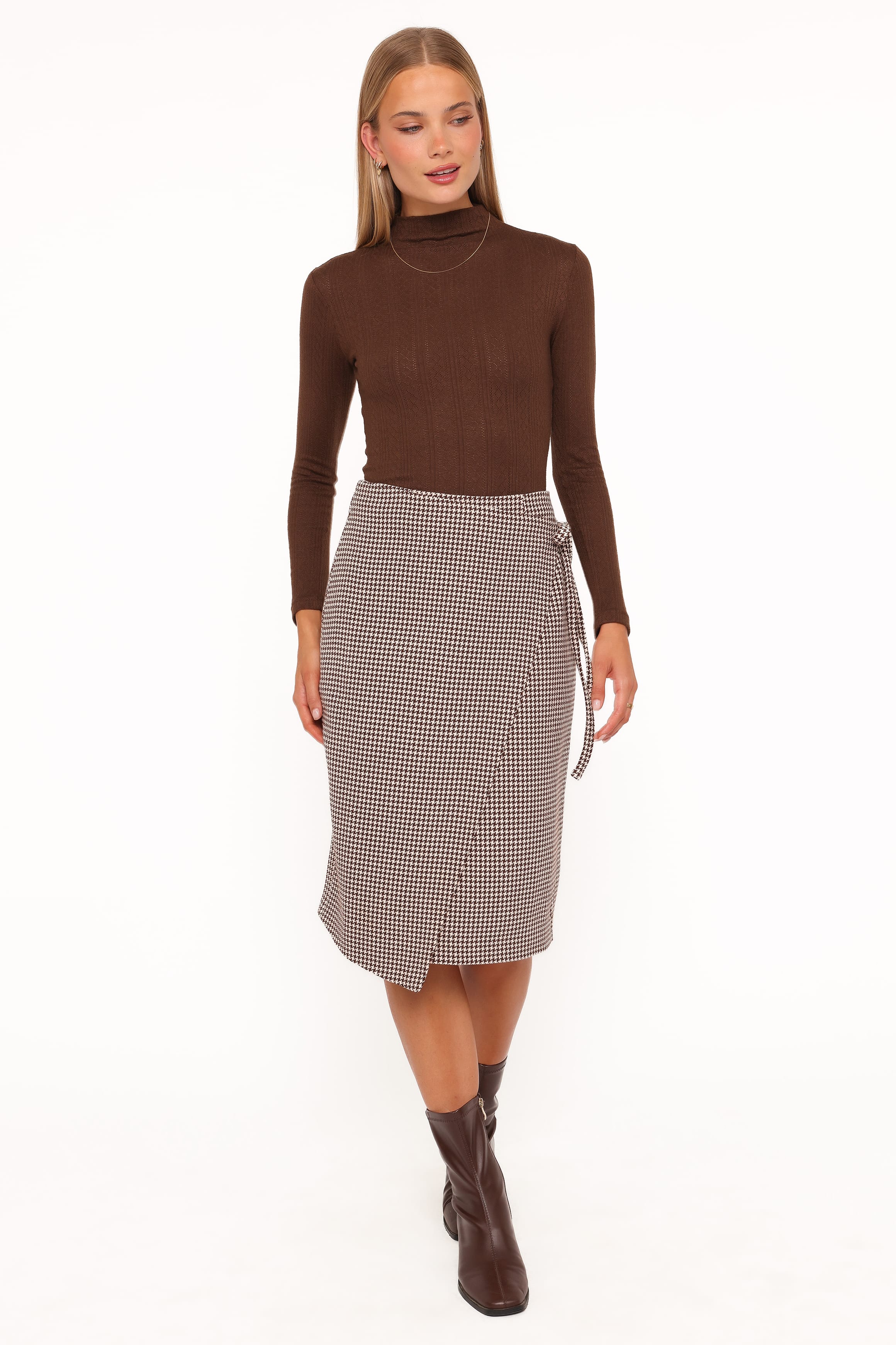 BOTTOMS Ariela Wrap Front Midi Skirt - Brown Houndstooth
