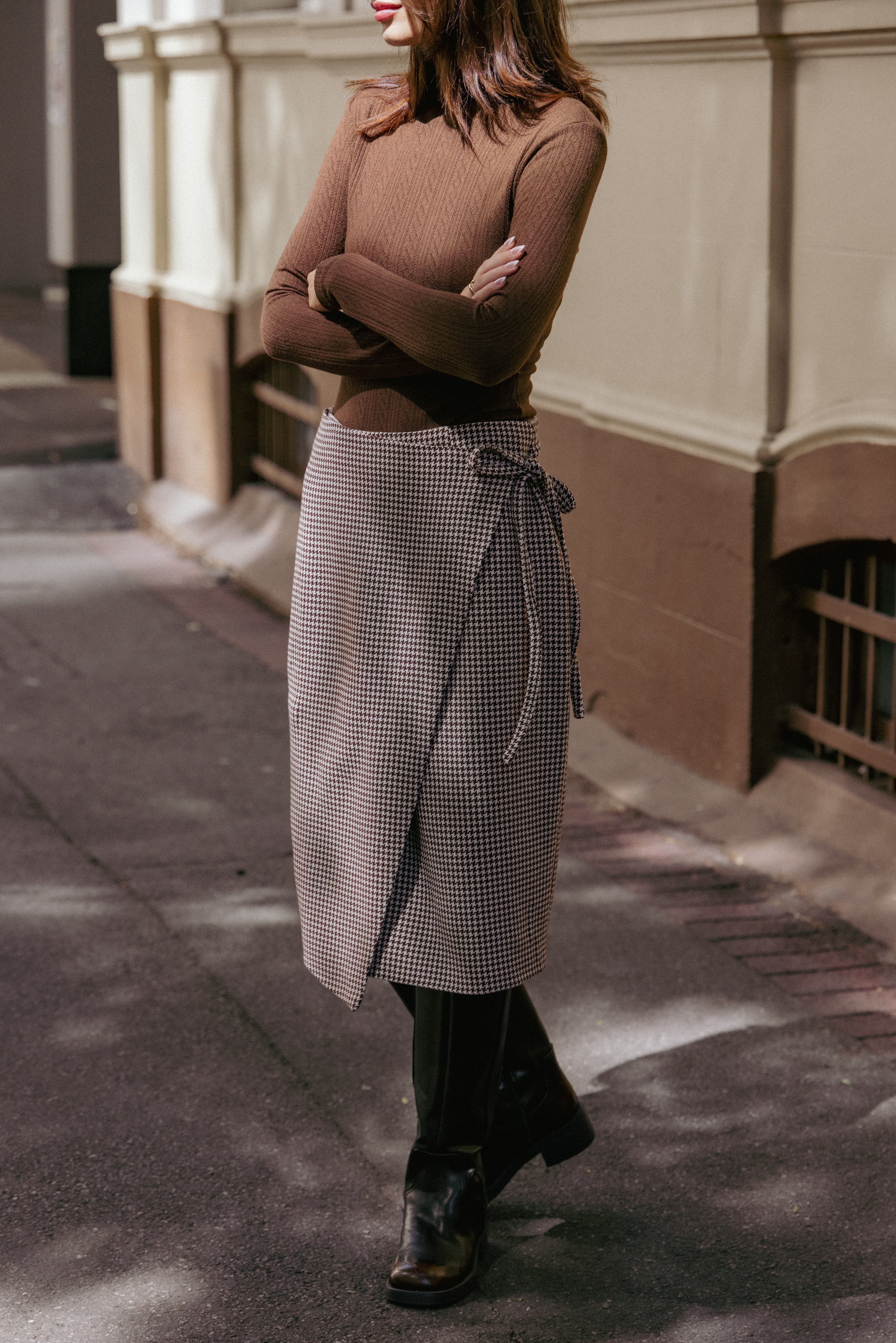 BOTTOMS Ariela Wrap Front Midi Skirt - Brown Houndstooth