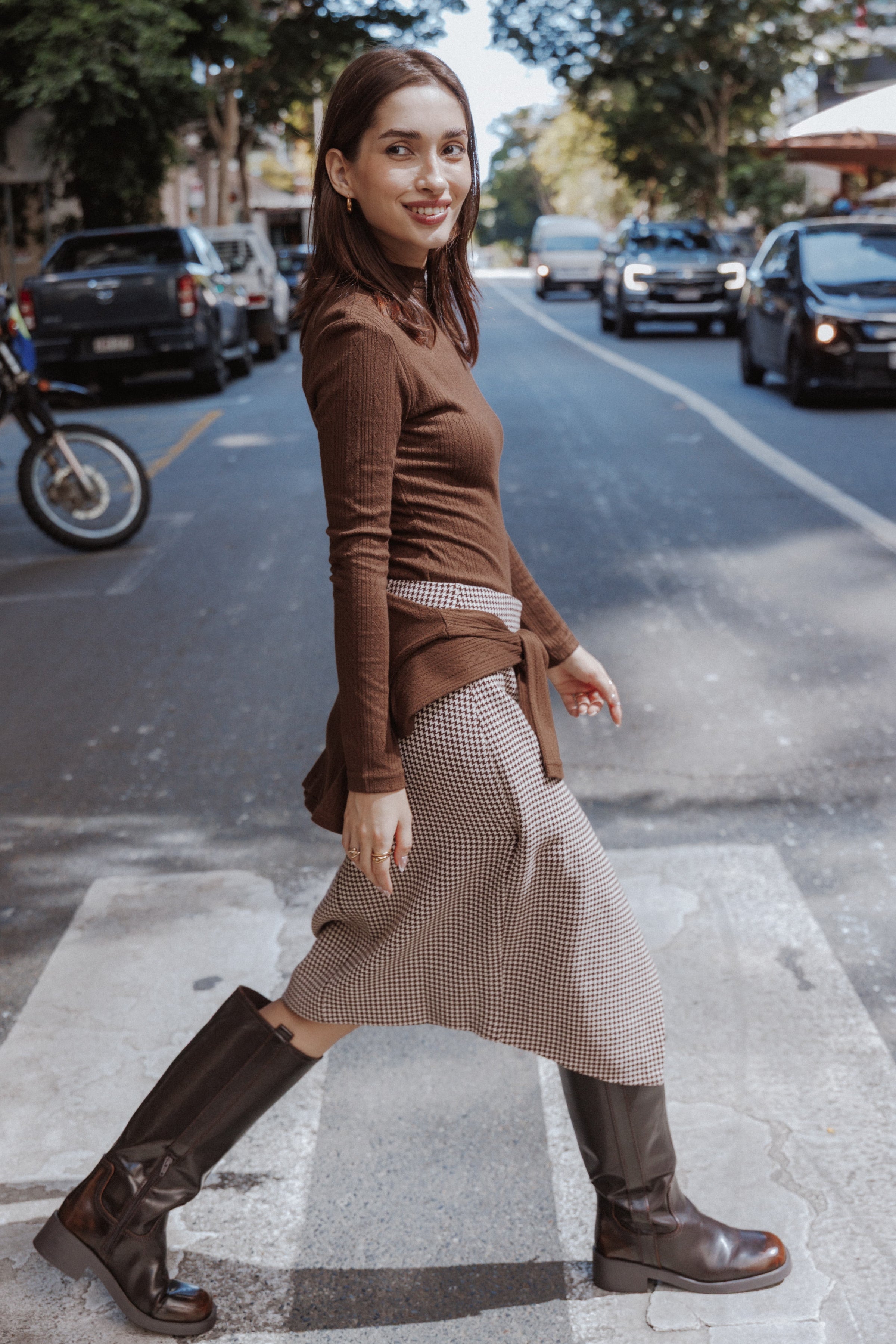 BOTTOMS Ariela Wrap Front Midi Skirt - Brown Houndstooth