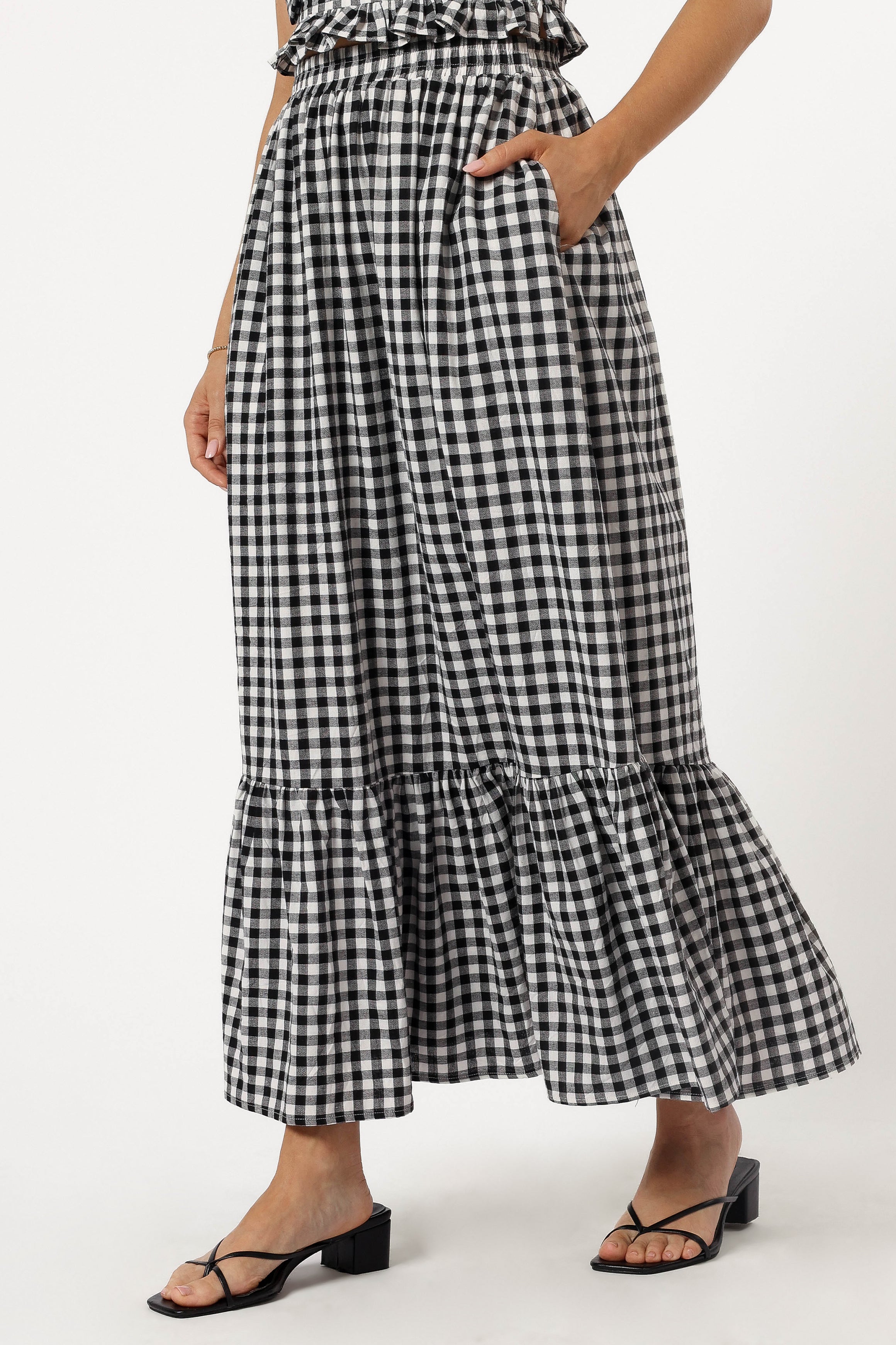 BOTTOMS @Bambi Tiered Midi Skirt - Black Gingham (Hold for 4th July)