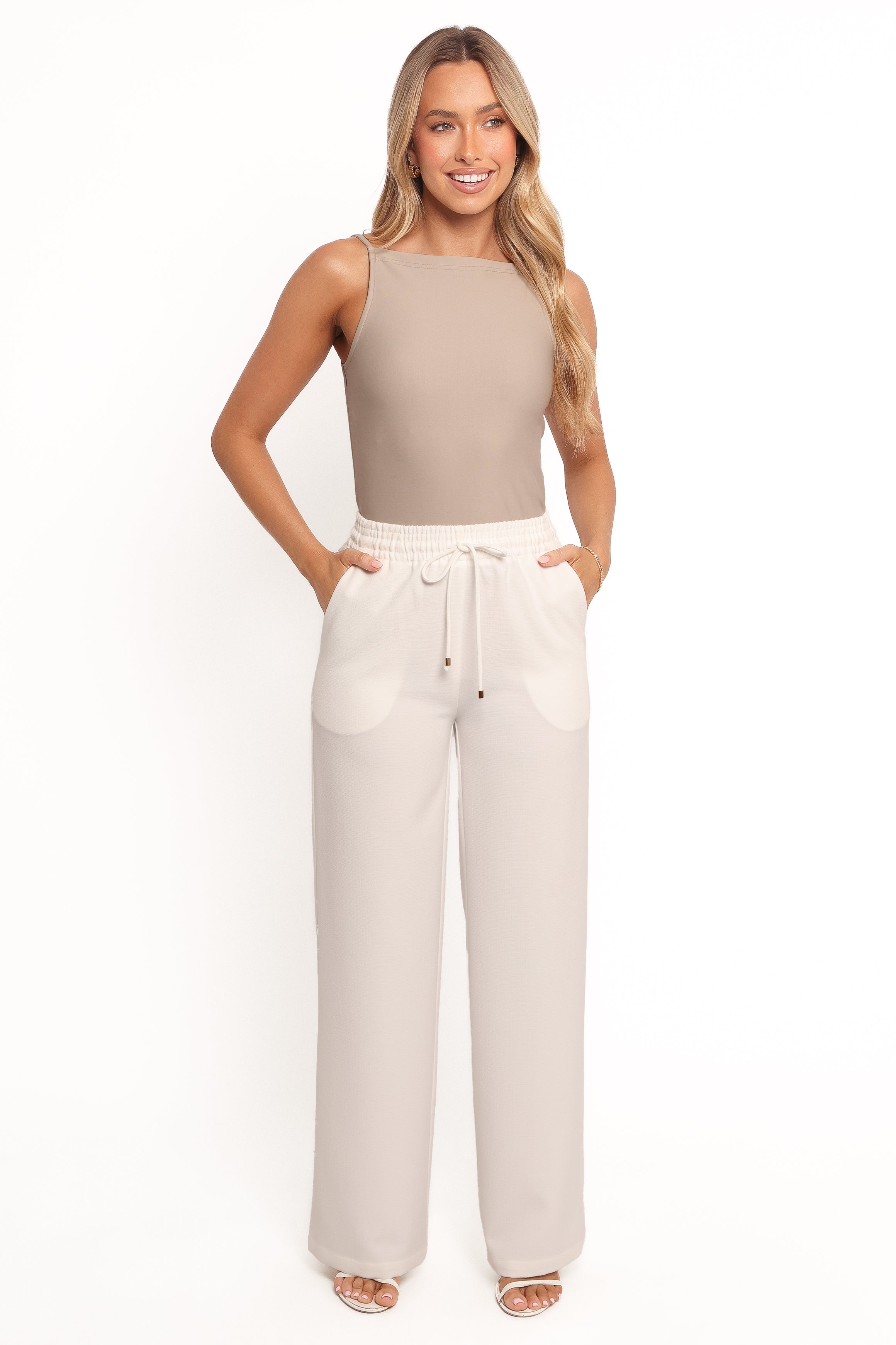 BOTTOMS Cinch Wide Leg Crepe Pant - White