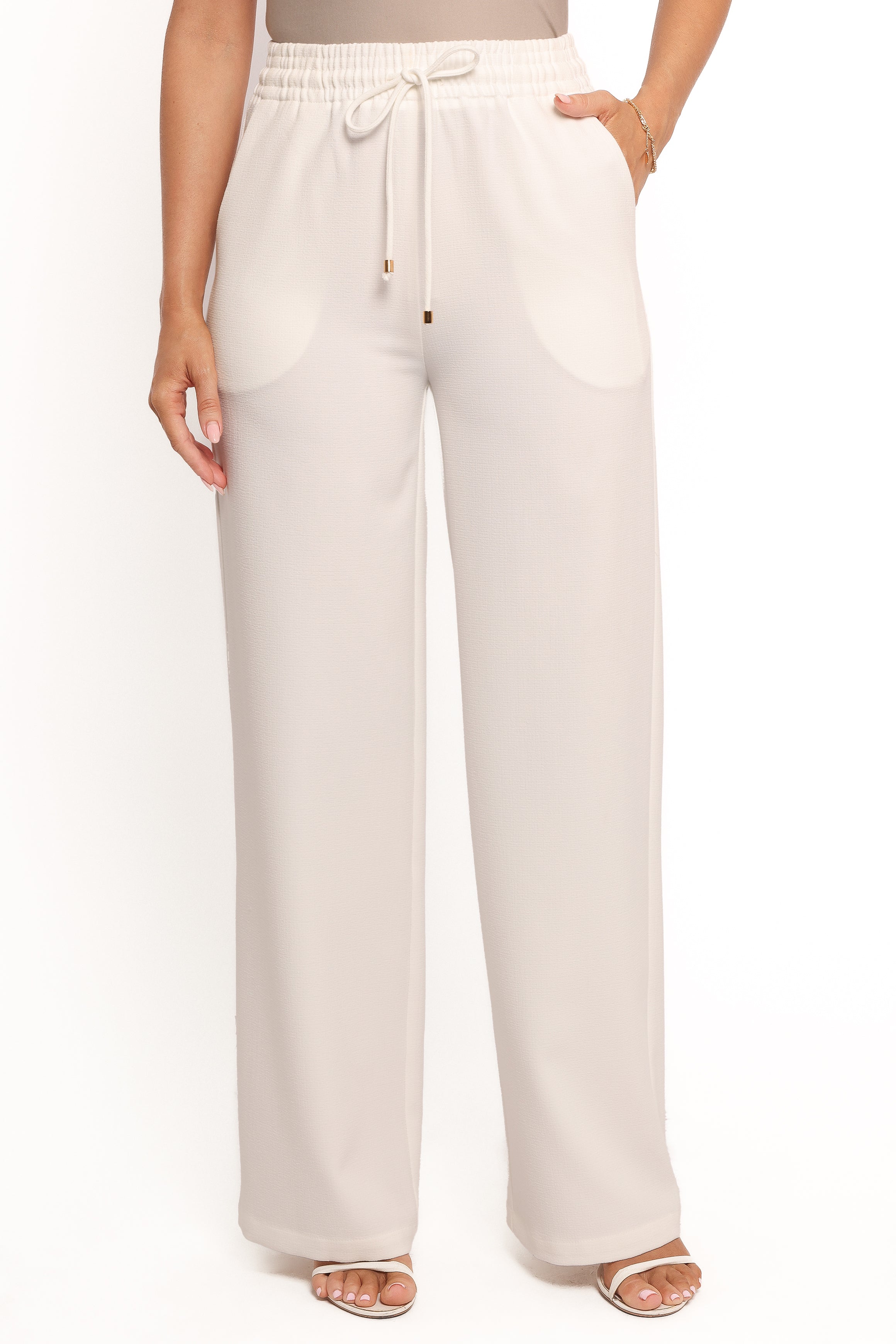 BOTTOMS Cinch Wide Leg Crepe Pant - White
