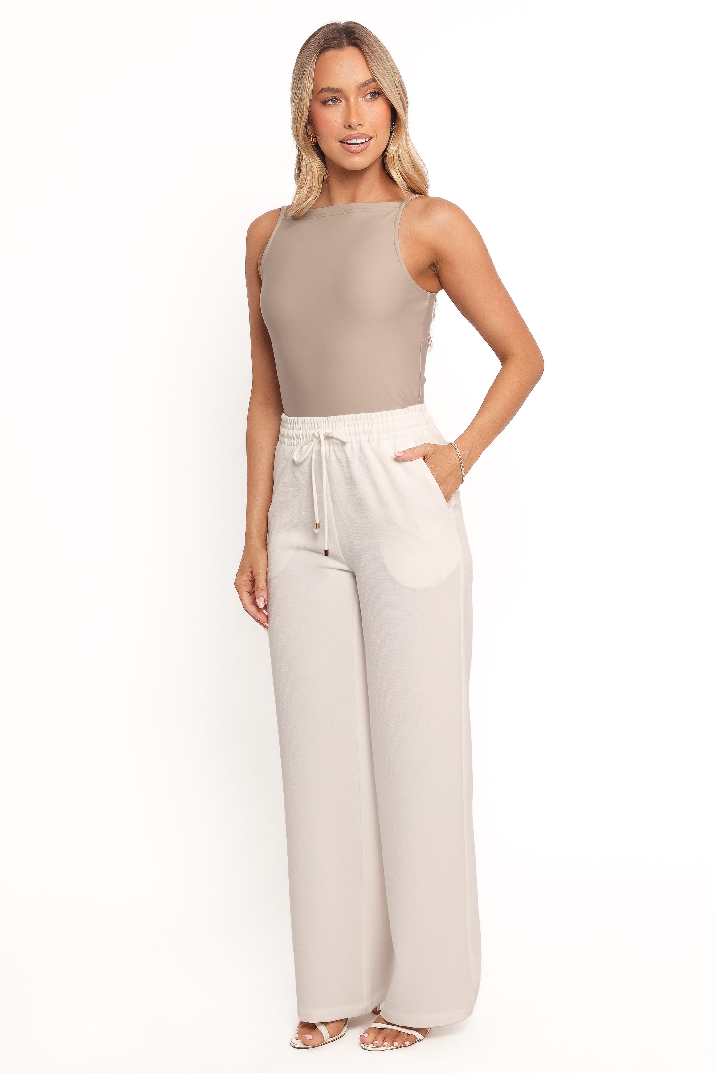 BOTTOMS Cinch Wide Leg Crepe Pant - White
