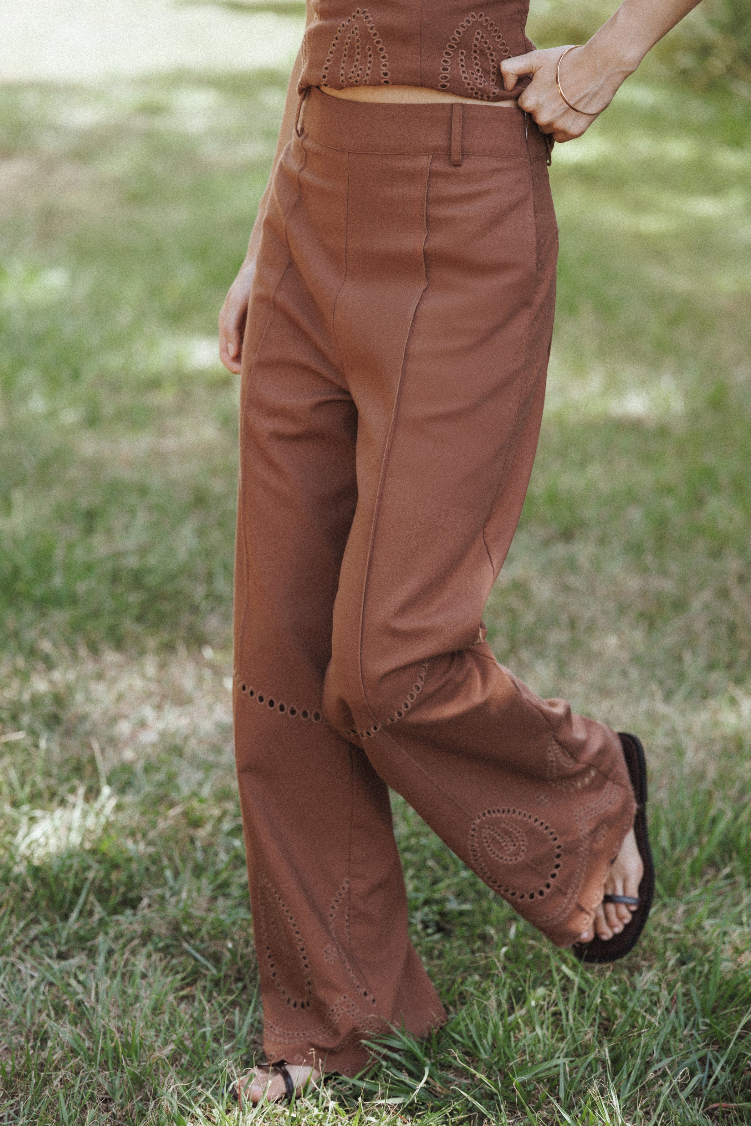 BOTTOMS Dalia Eyelet Pant - Brown