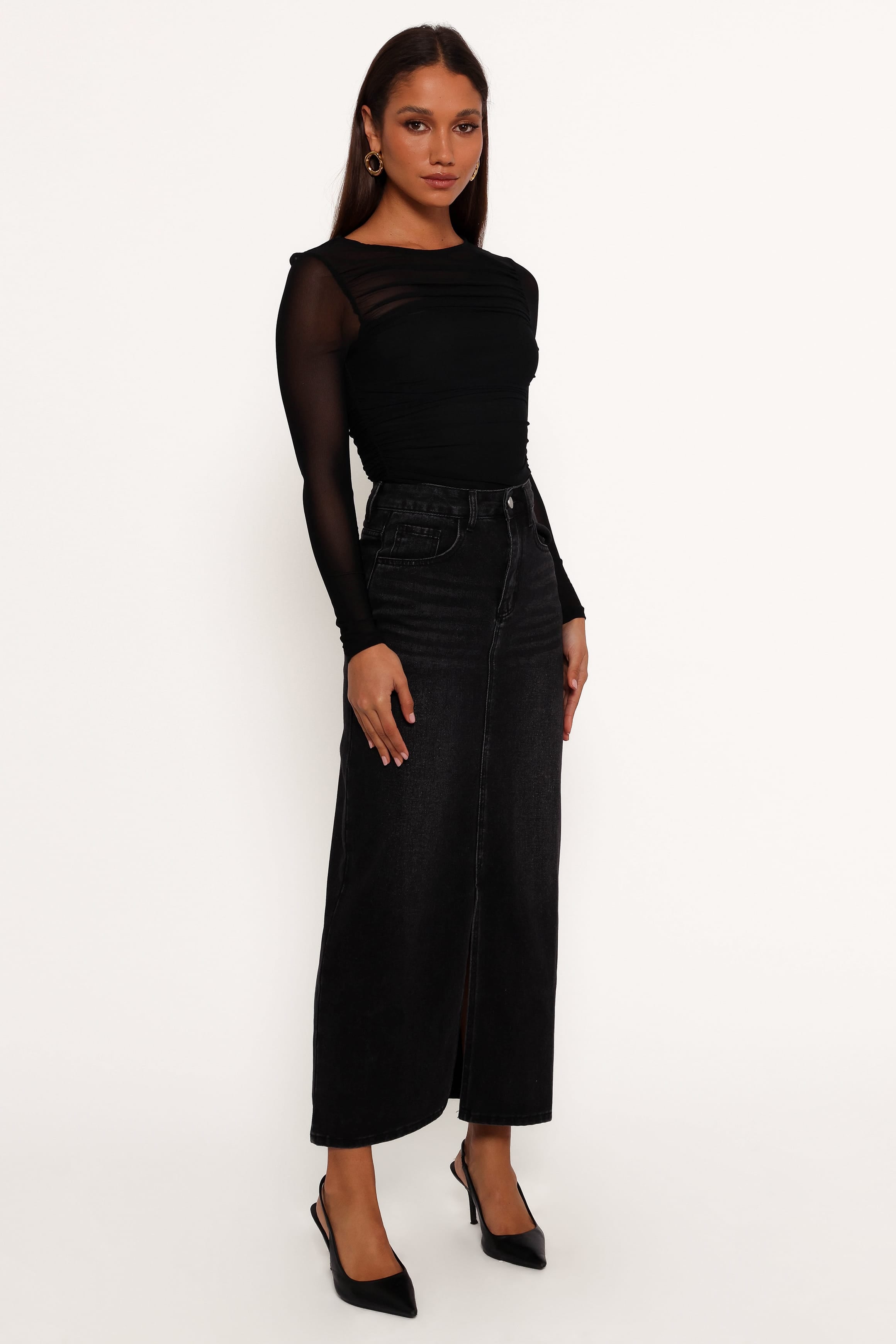 BOTTOMS Dana Denim Midi Skirt - Black Wash
