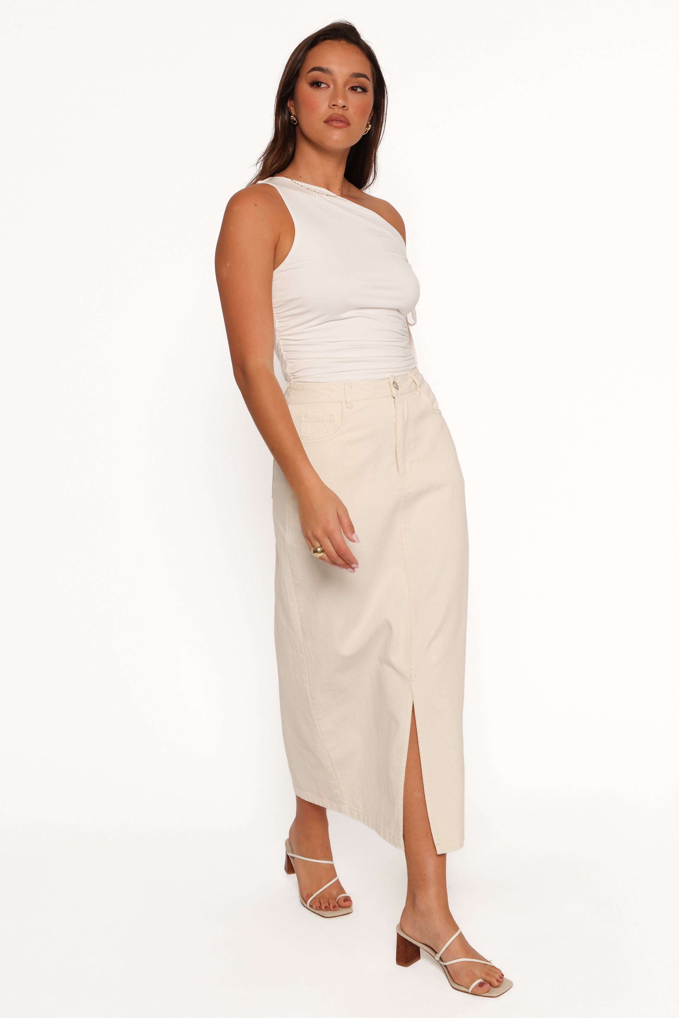 BOTTOMS Dana Denim Midi Skirt - Cream
