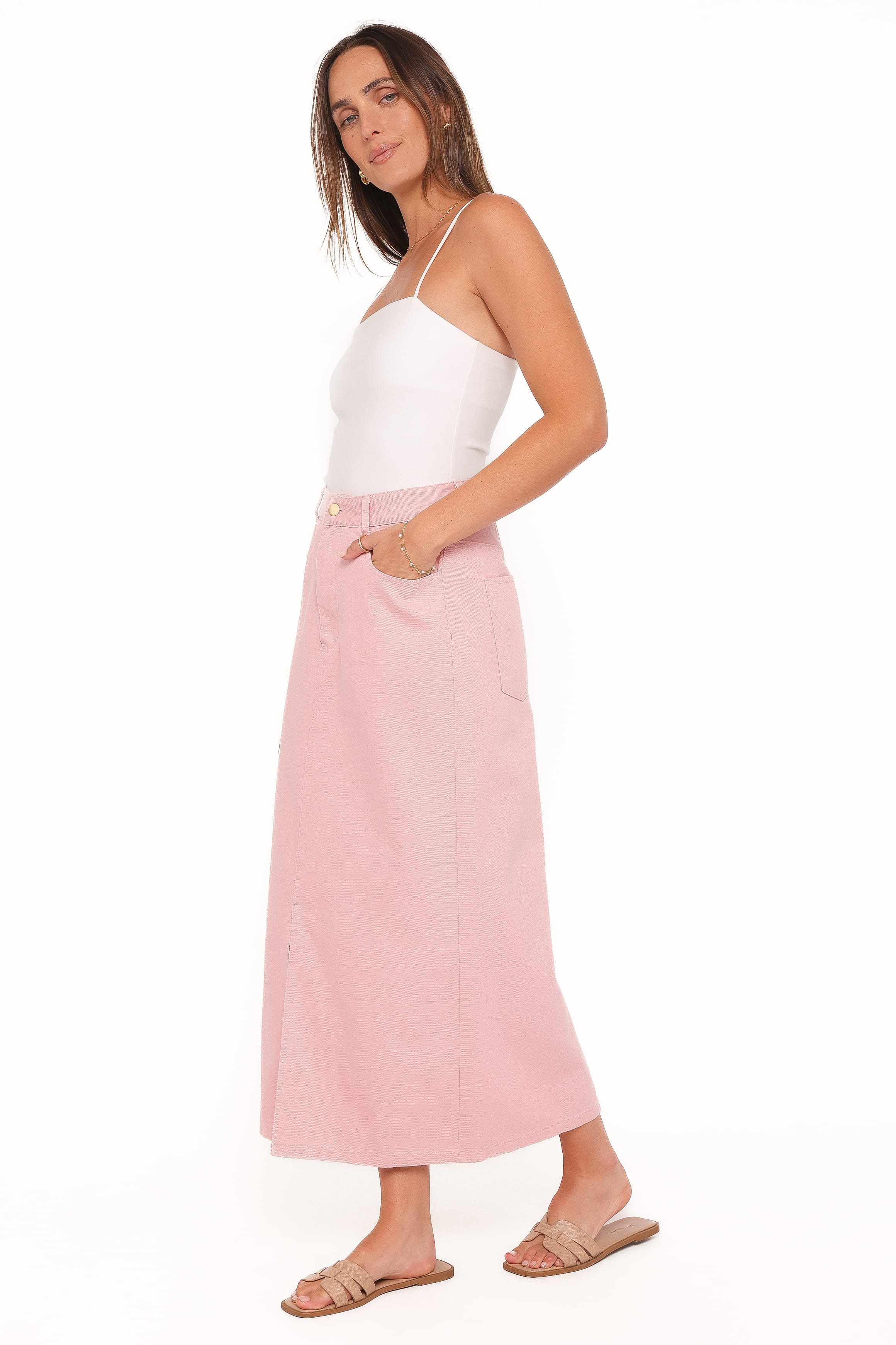BOTTOMS Dana Denim Midi Skirt - Dusty Pink