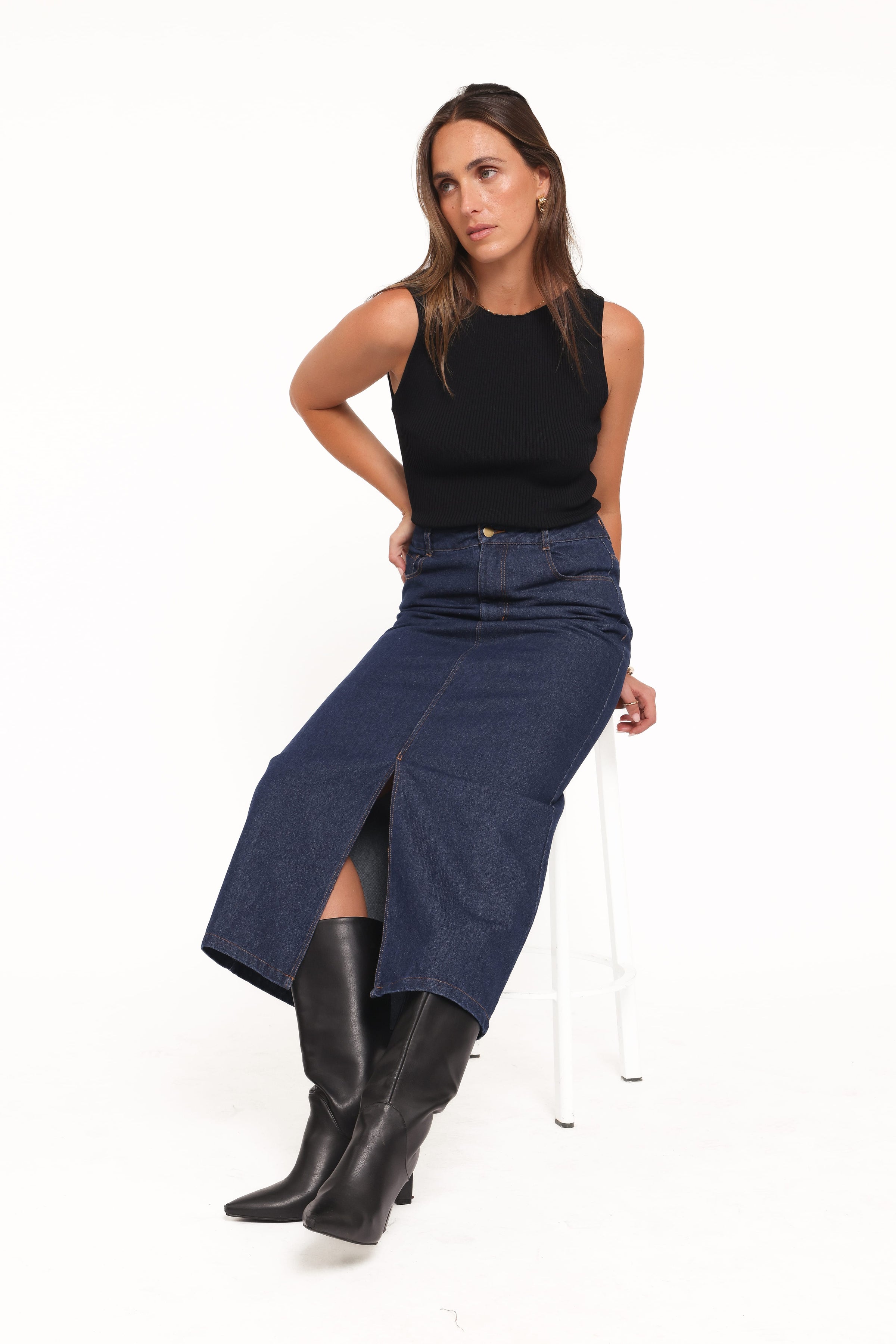 BOTTOMS Dana Denim Midi Skirt - Midnight