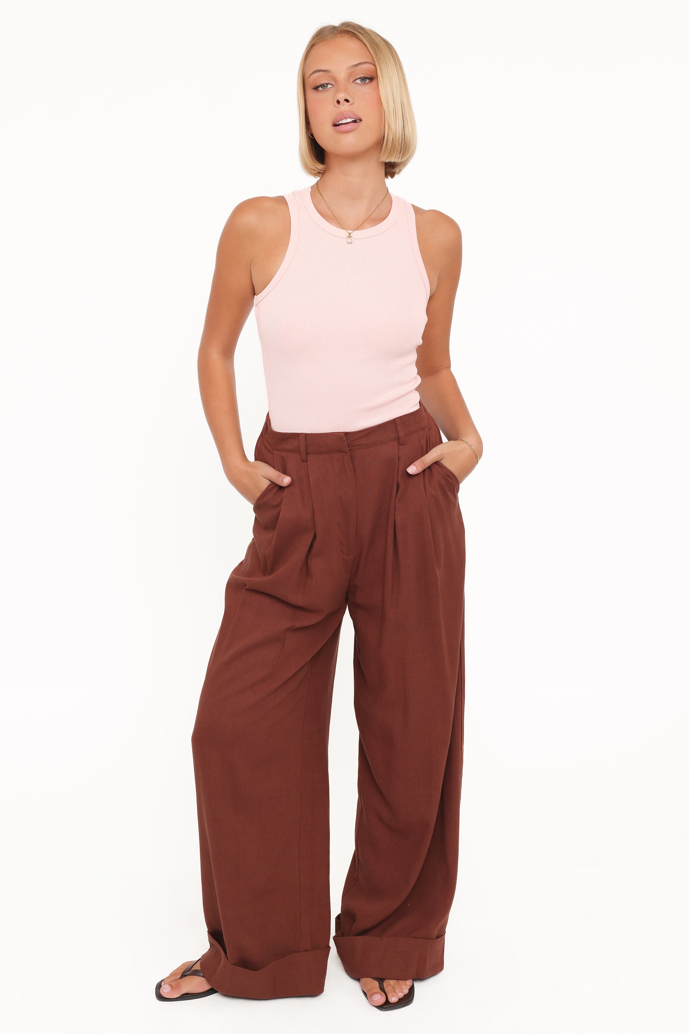 BOTTOMS Elinor Cuffed Linen Pant - Brown