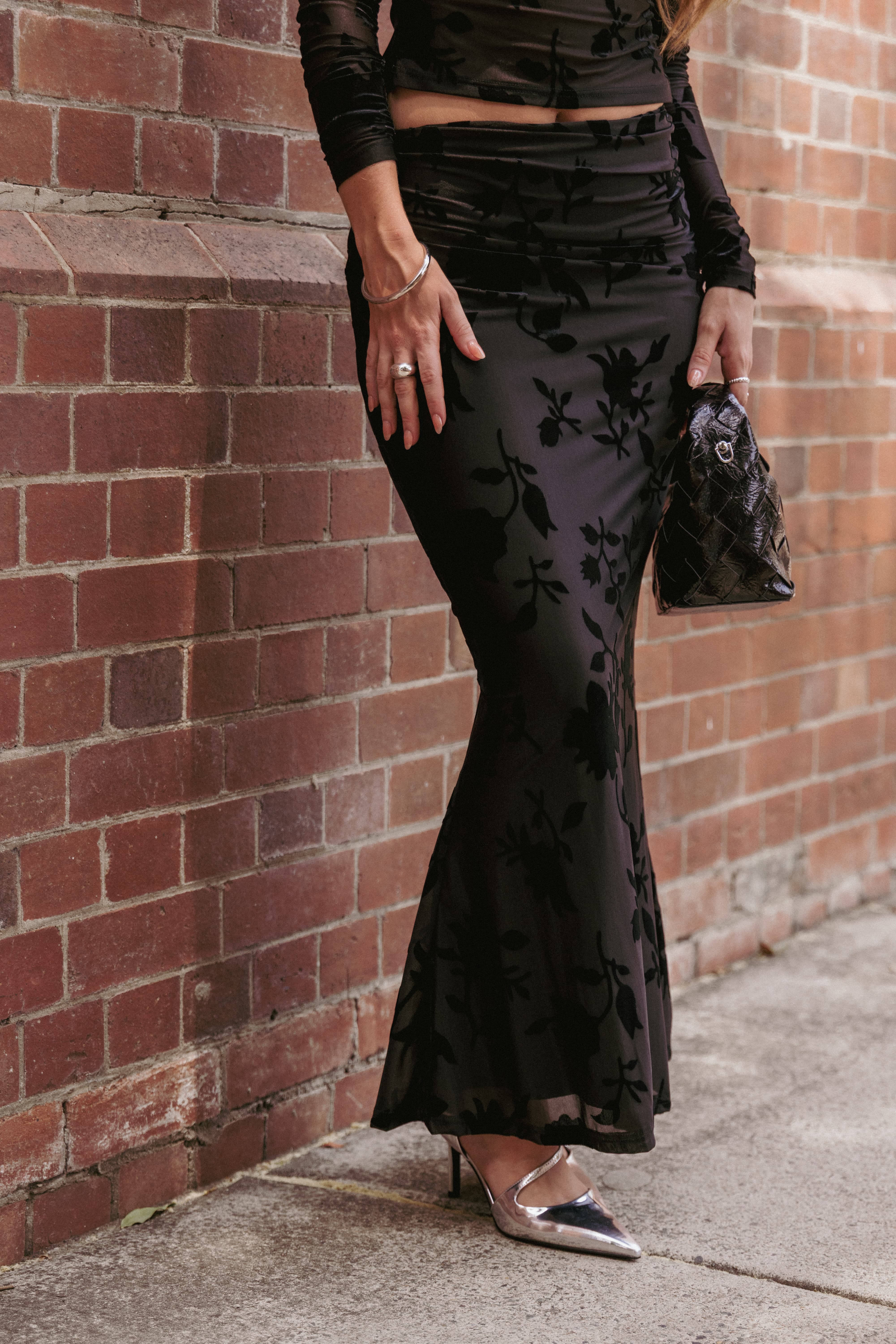 BOTTOMS Emily Burnout Velvet Skirt - Black
