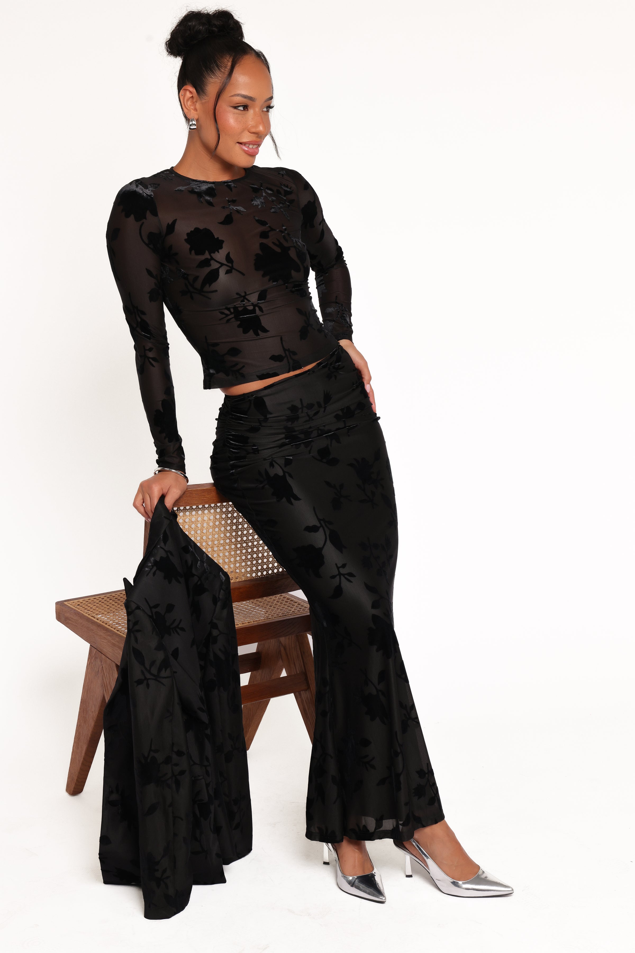BOTTOMS Emily Burnout Velvet Skirt - Black