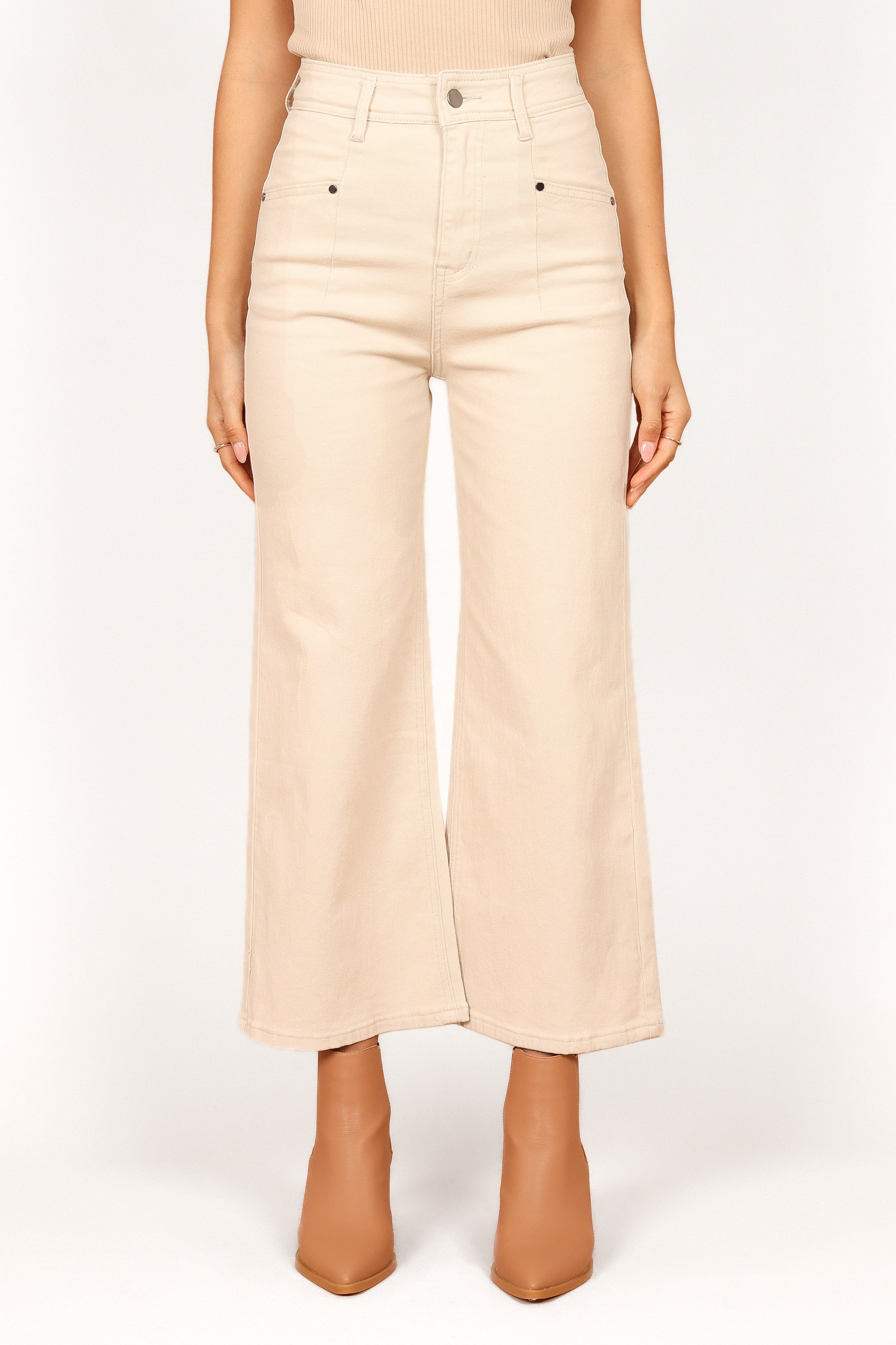 BOTTOMS Georgette High Waisted Straight Leg Pants - Beige