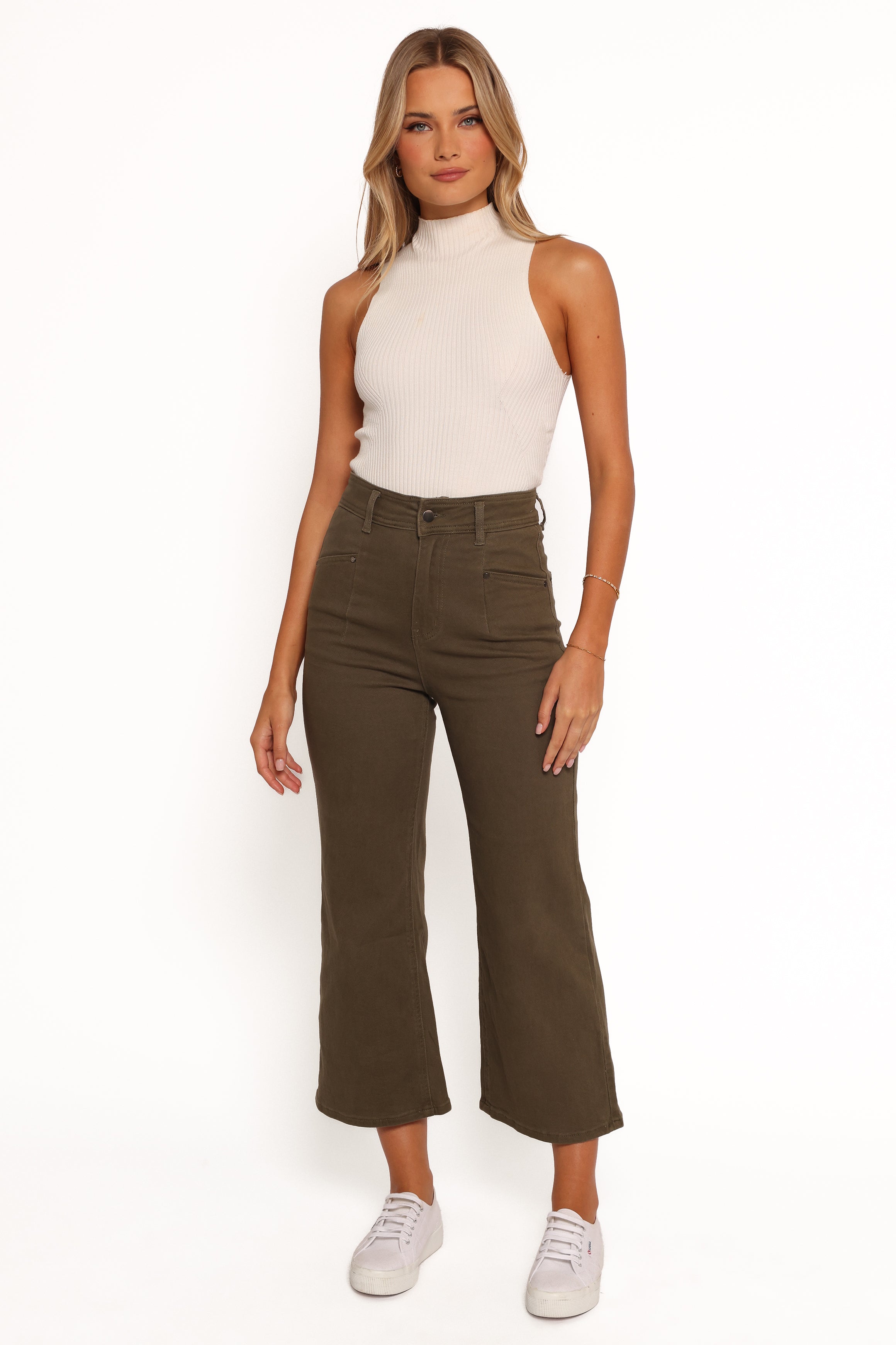 BOTTOMS Georgette High Waisted Straight Leg Pants - Olive