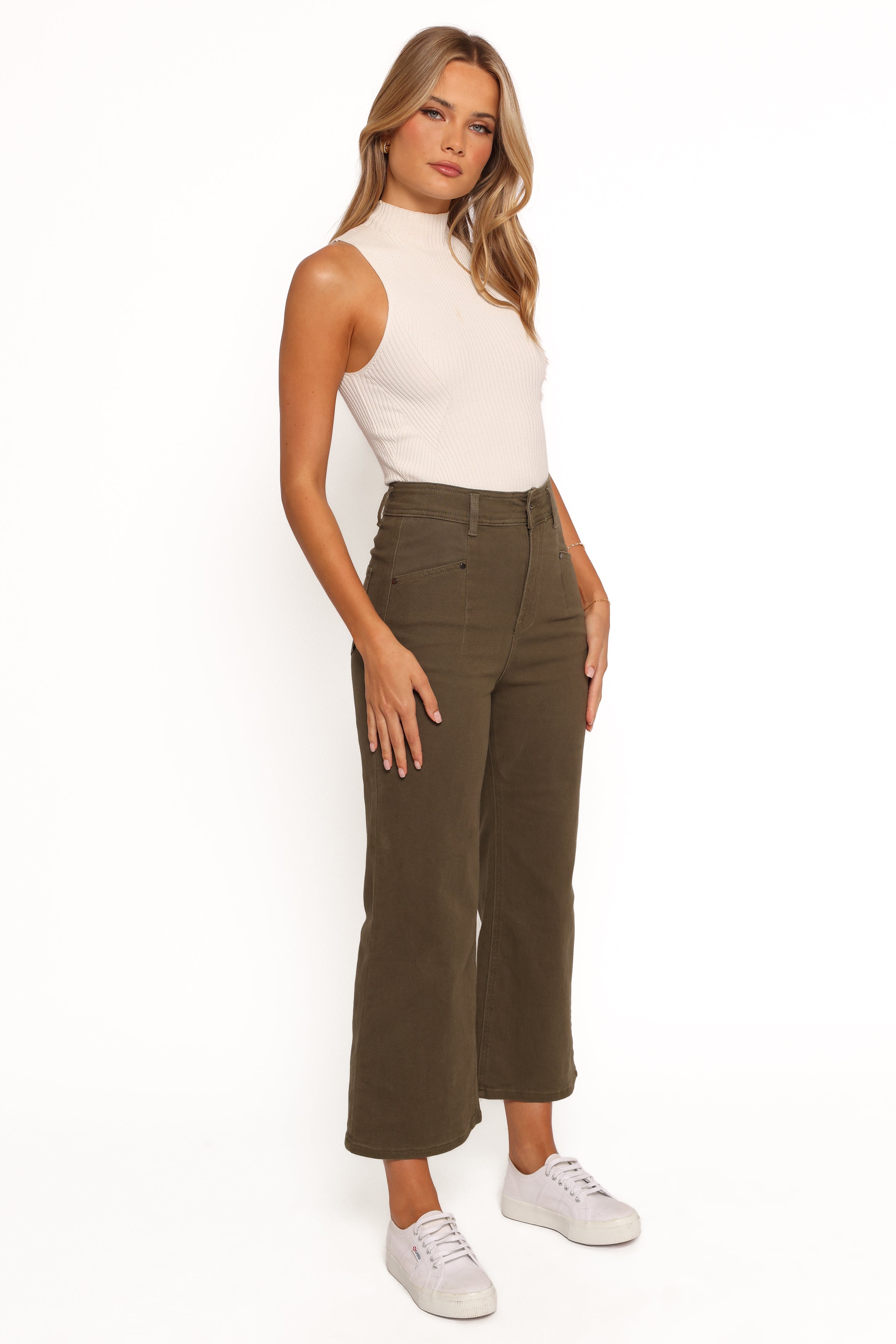 BOTTOMS Georgette High Waisted Straight Leg Pants - Olive