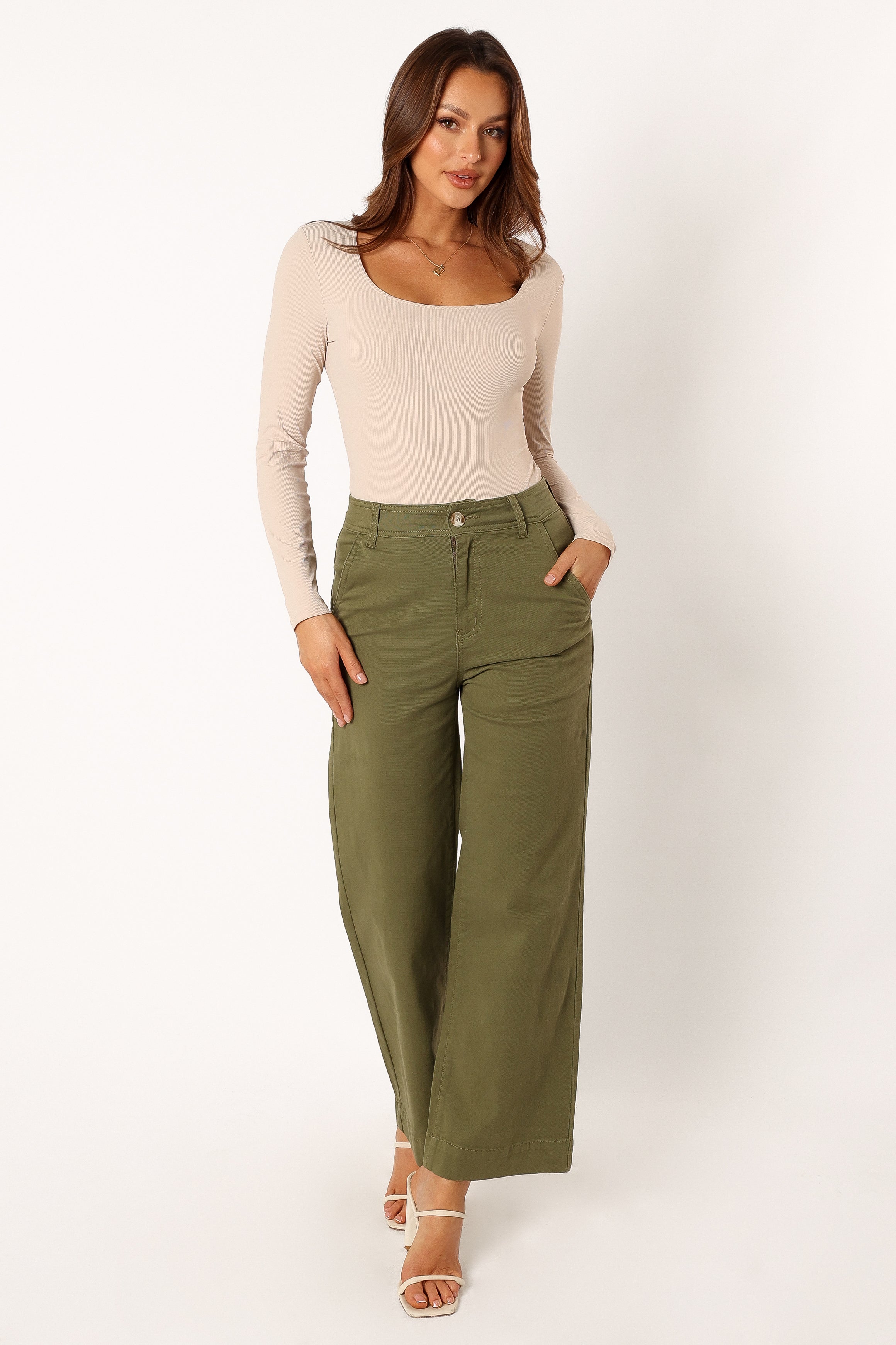 BOTTOMS @Georgia Wide Leg Pant - Dark Olive