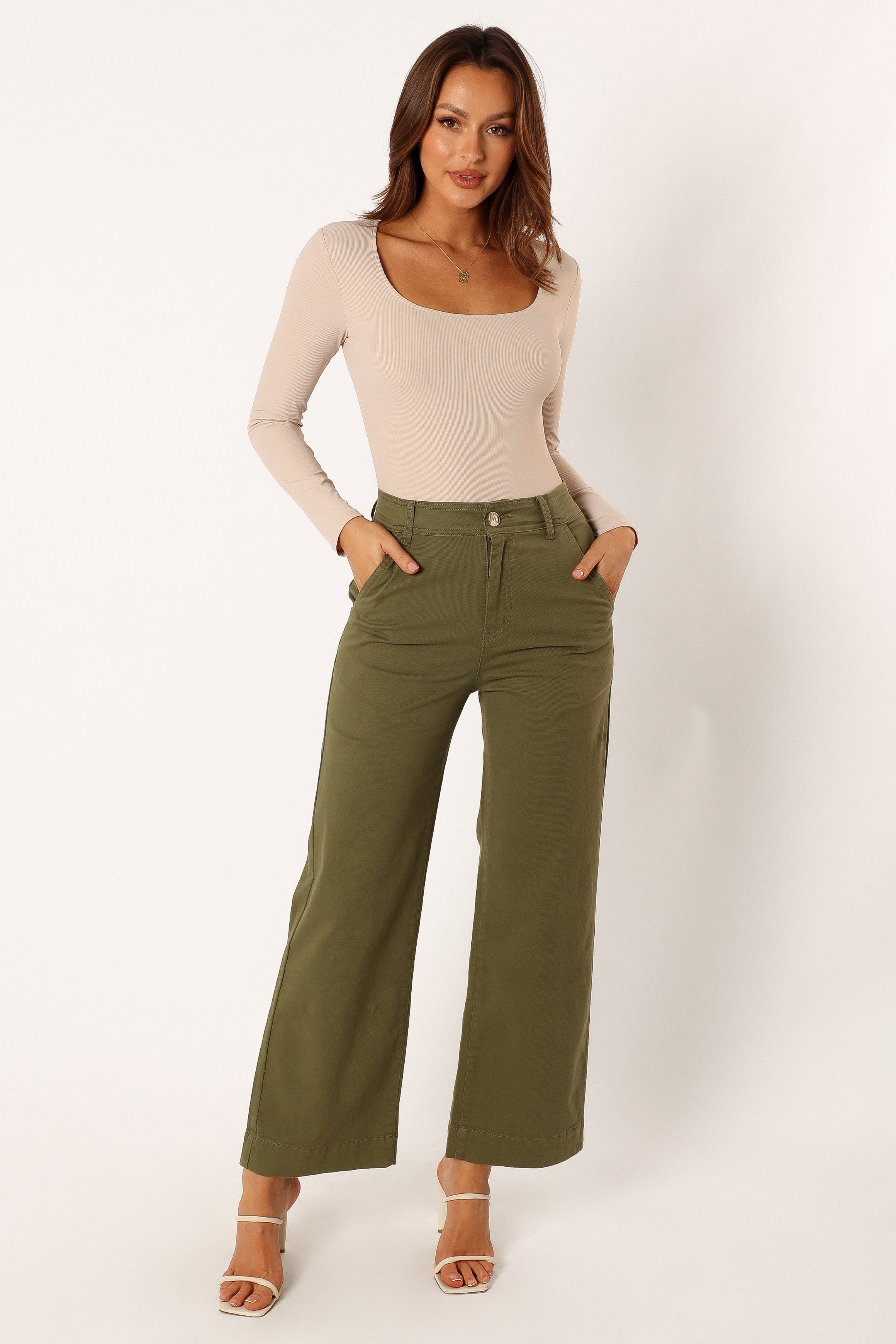 BOTTOMS @Georgia Wide Leg Pant - Dark Olive