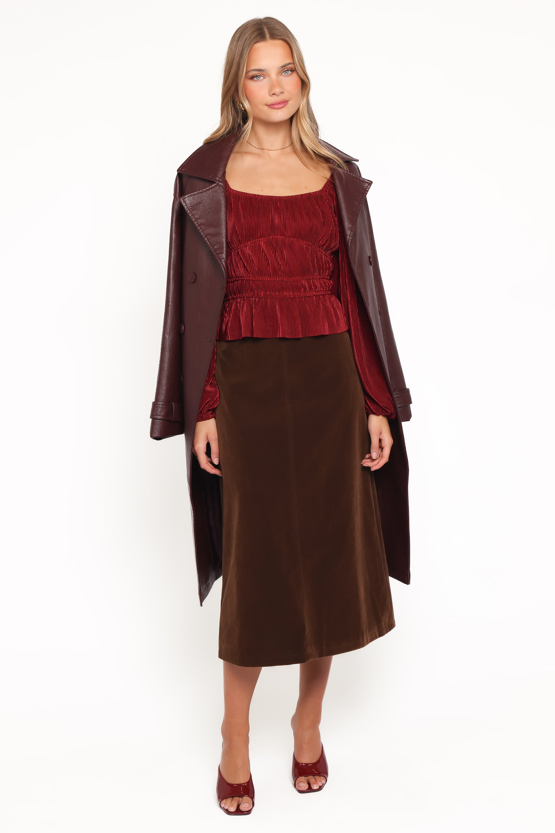 BOTTOMS Halina Velvet Midi Skirt - Chocolate