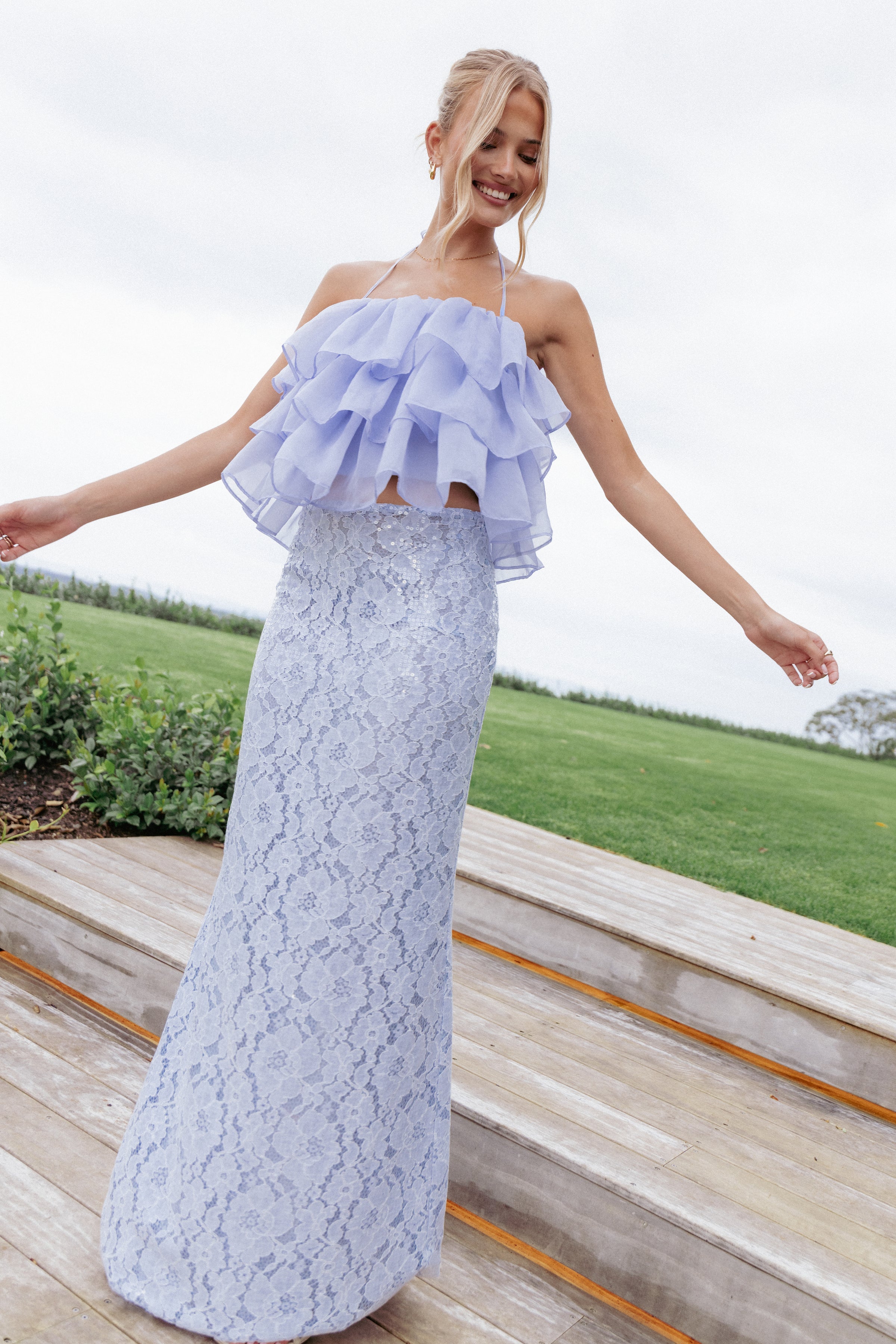 BOTTOMS Jennings Lace Maxi Skirt - Blue Sequin