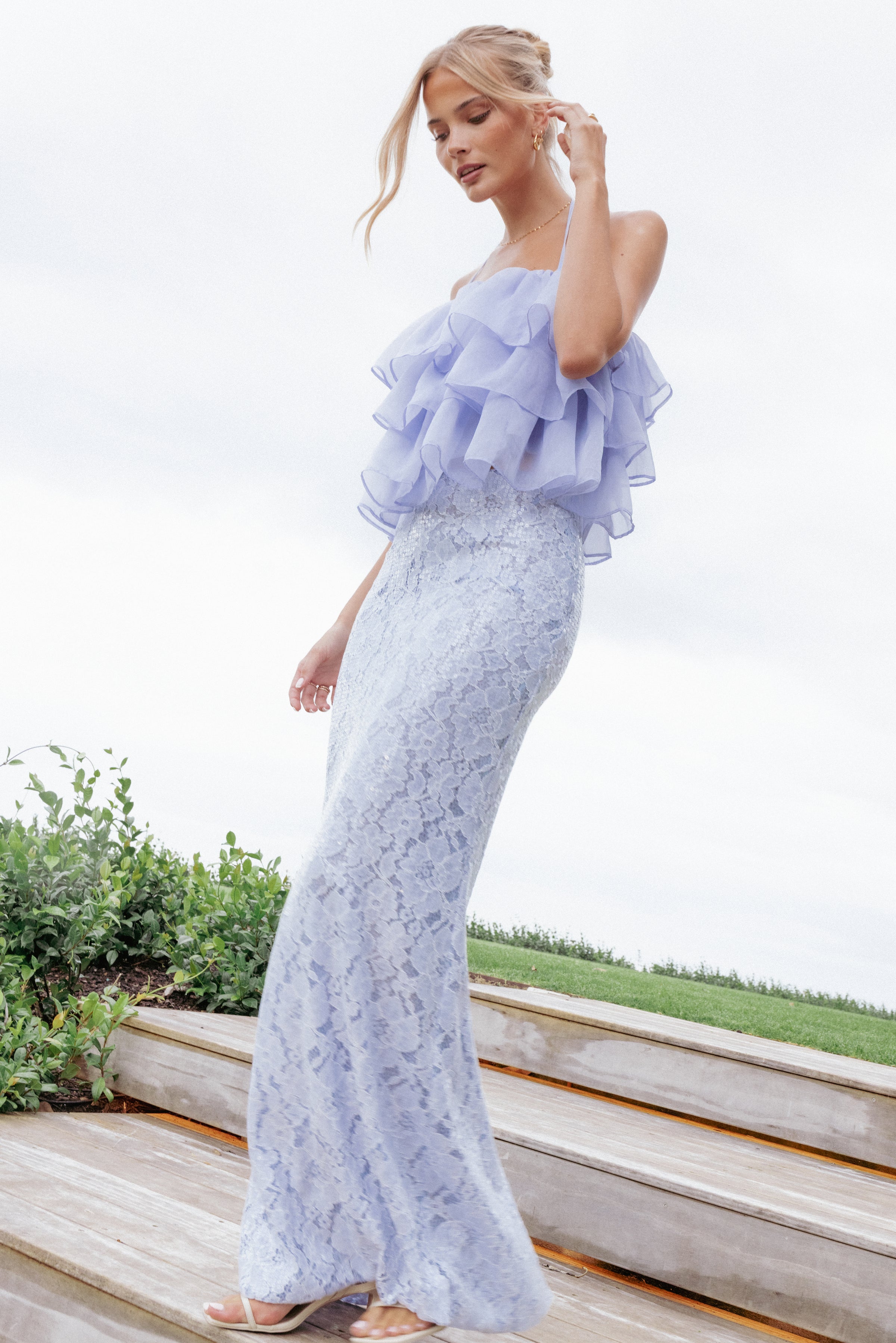 BOTTOMS Jennings Lace Maxi Skirt - Blue Sequin