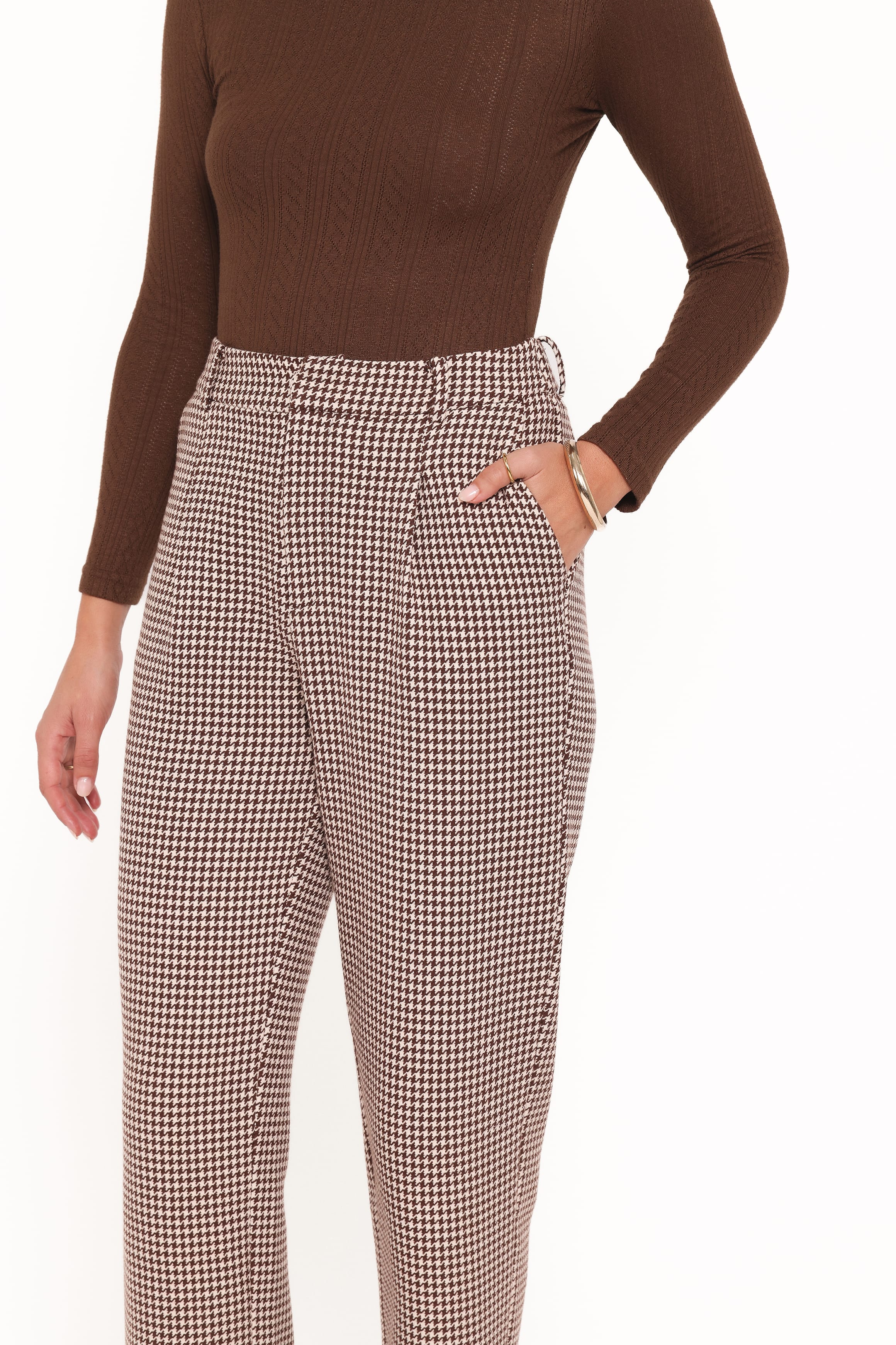 BOTTOMS Jessie Straight Leg Trouser Pants - Brown Houndstooth