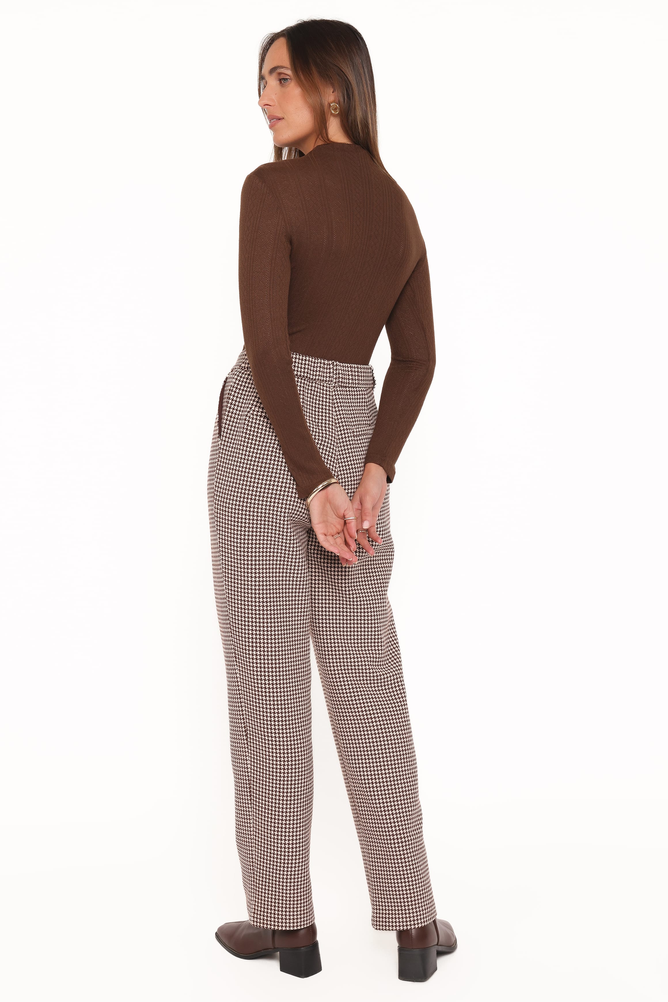 BOTTOMS Jessie Straight Leg Trouser Pants - Brown Houndstooth