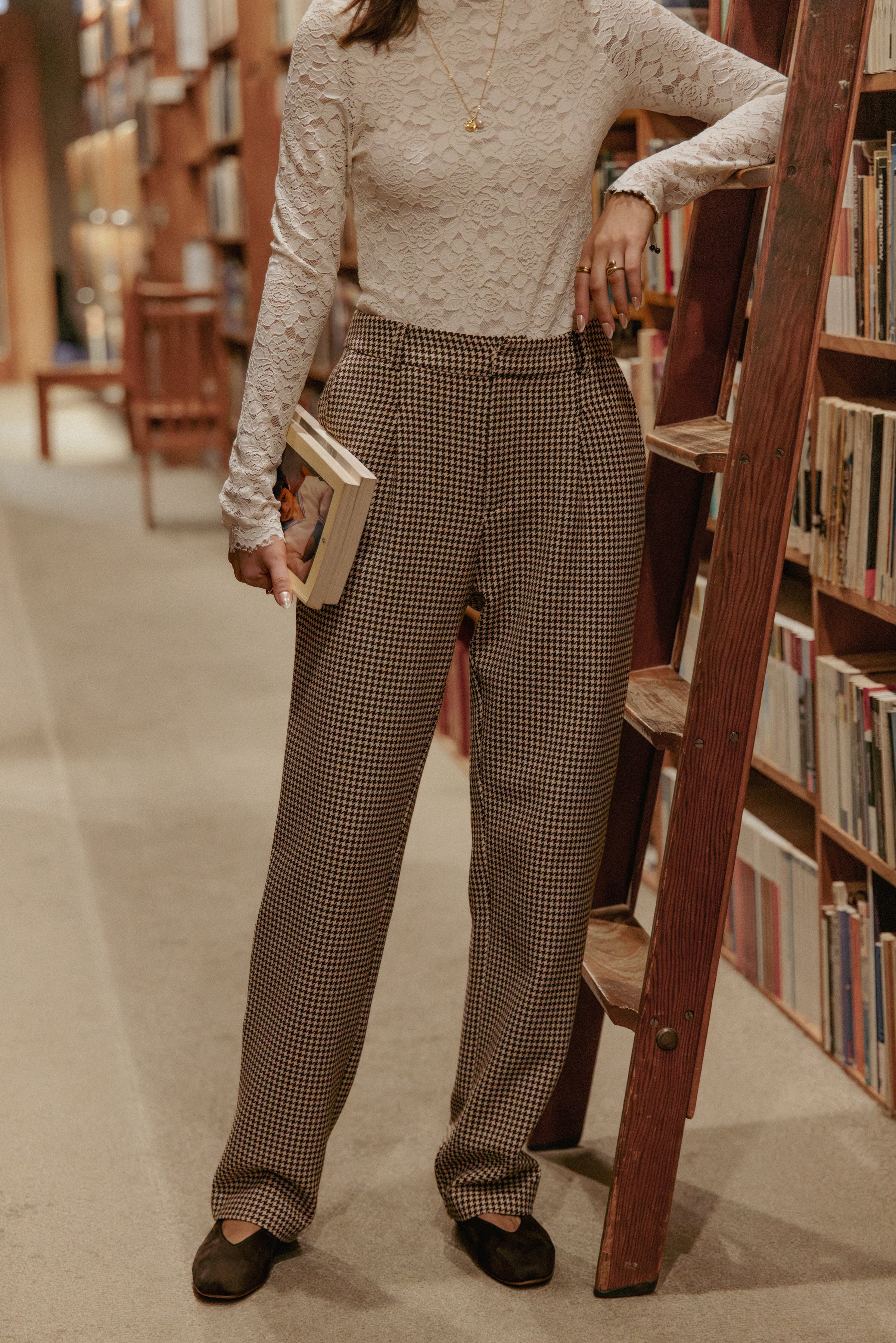 BOTTOMS Jessie Straight Leg Trouser Pants - Brown Houndstooth