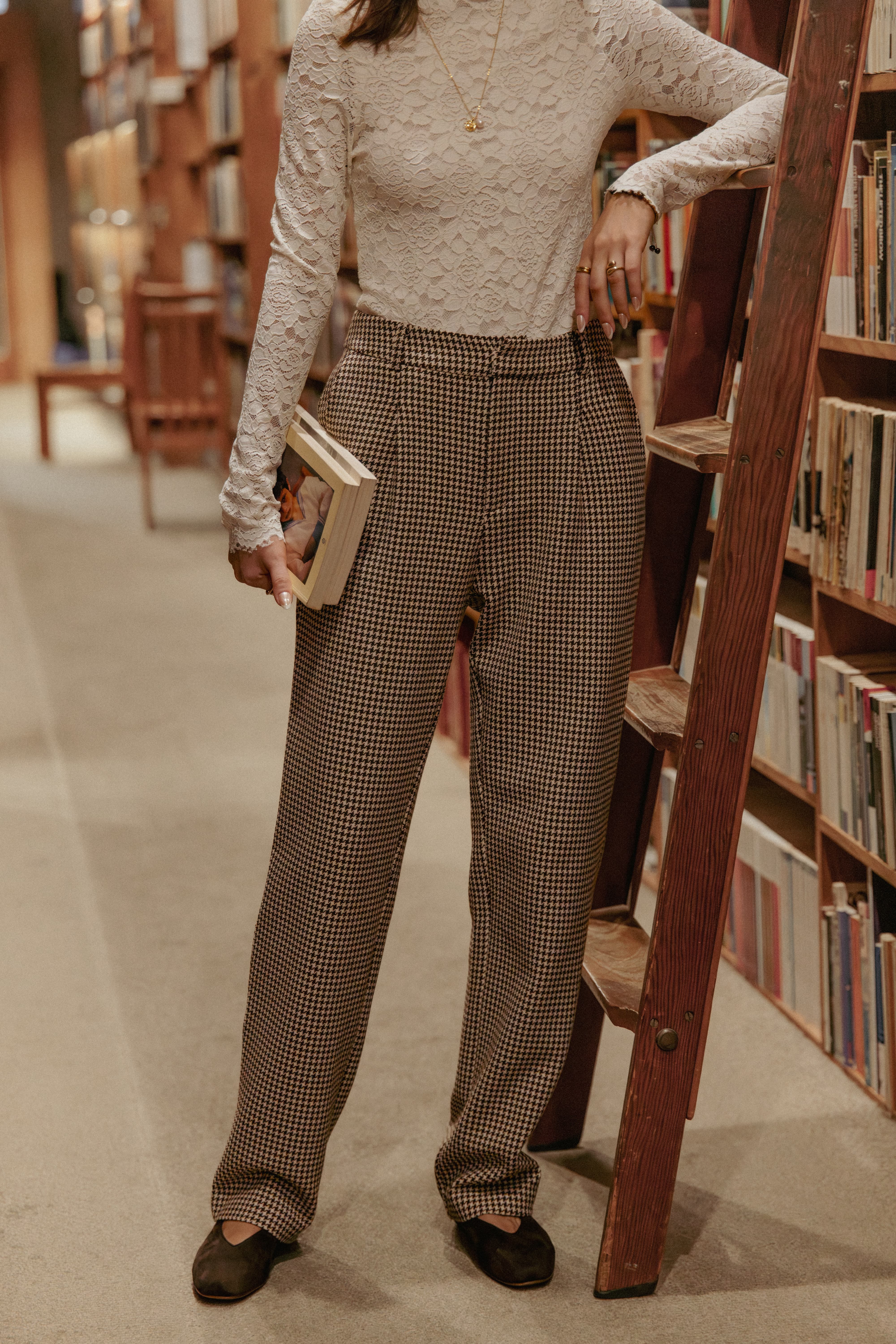 BOTTOMS Jessie Straight Leg Trouser Pants - Brown Houndstooth