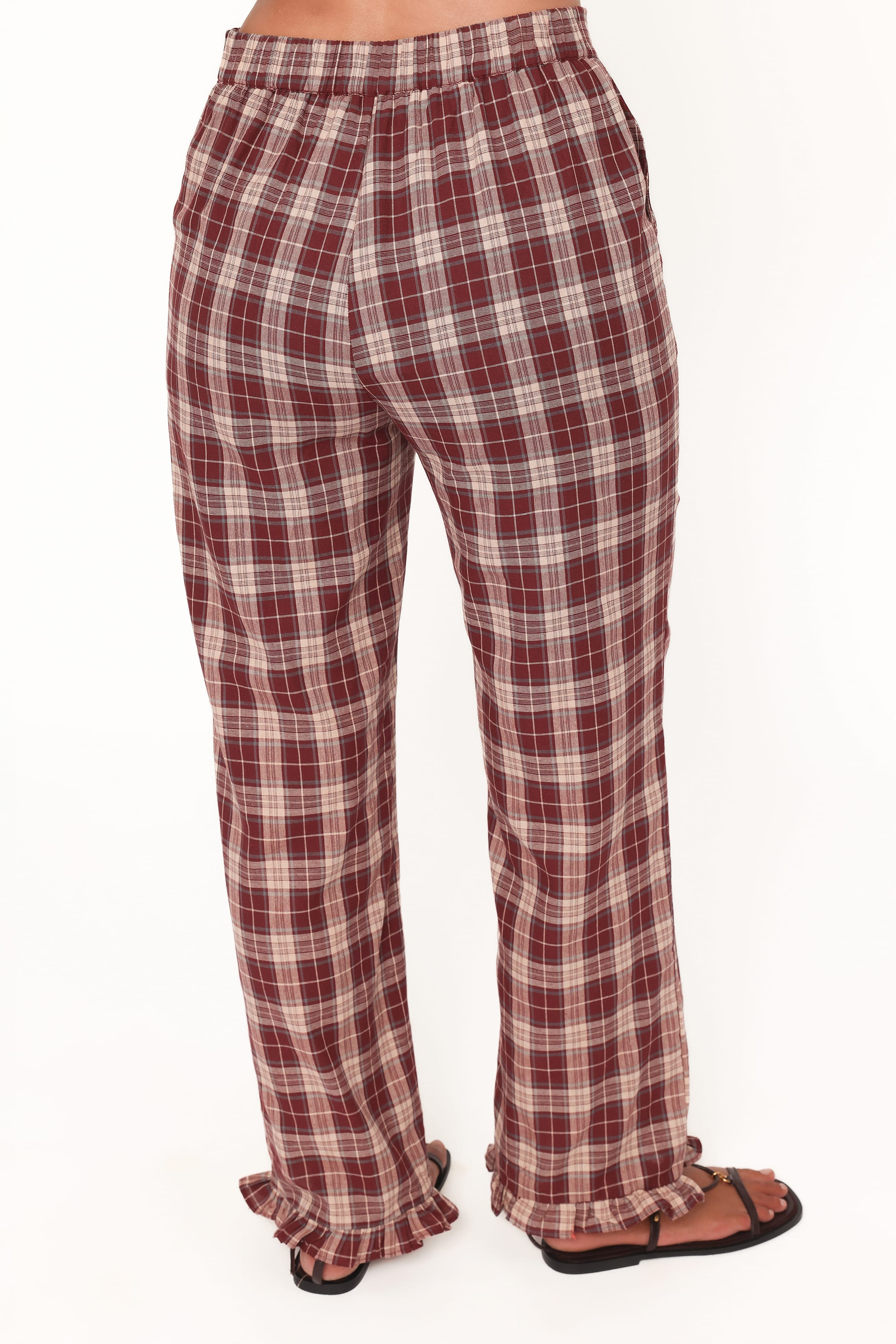 BOTTOMS Kaelia Frill Hem Straight Pant - Burgundy Plaid