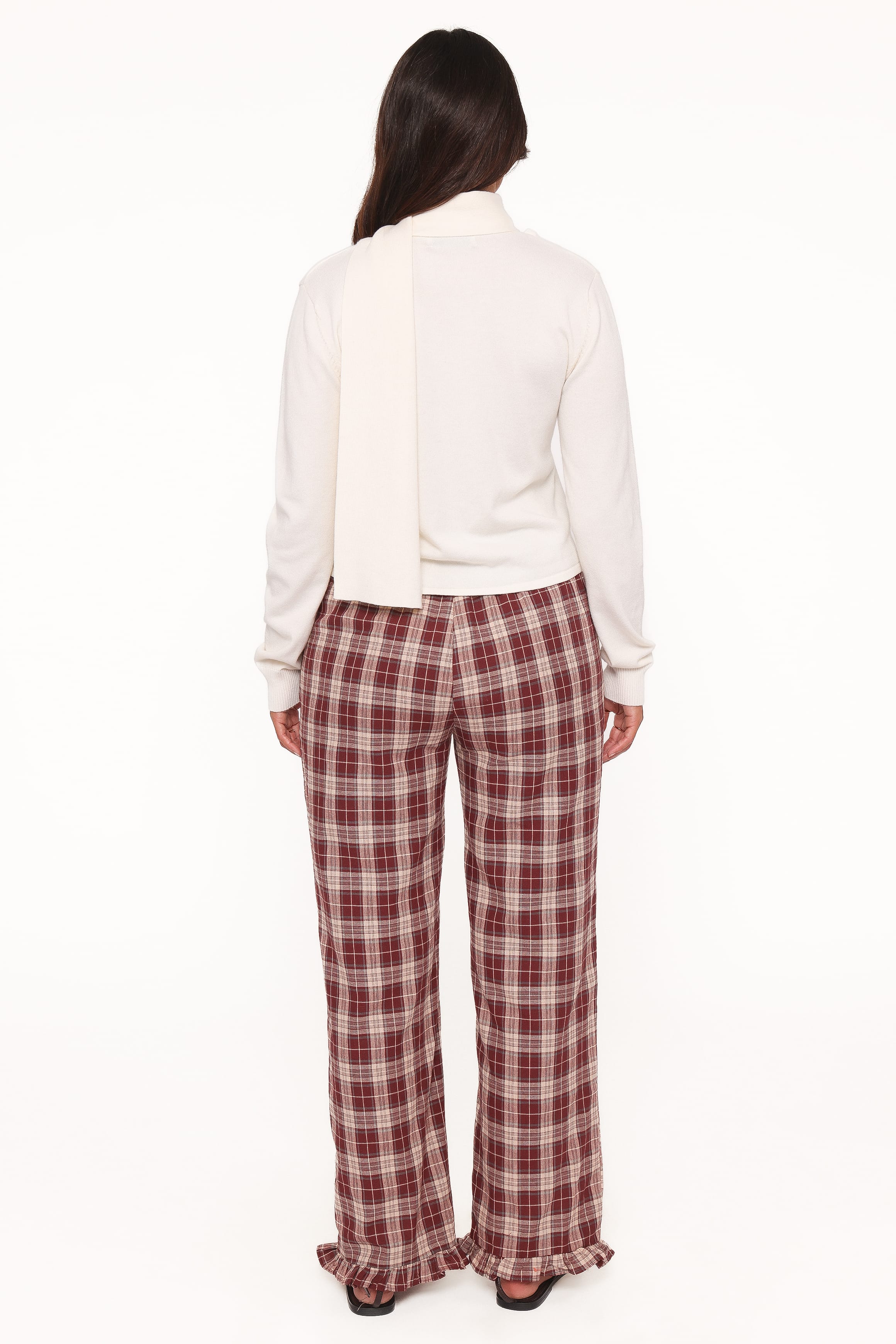 BOTTOMS Kaelia Frill Hem Straight Pant - Burgundy Plaid