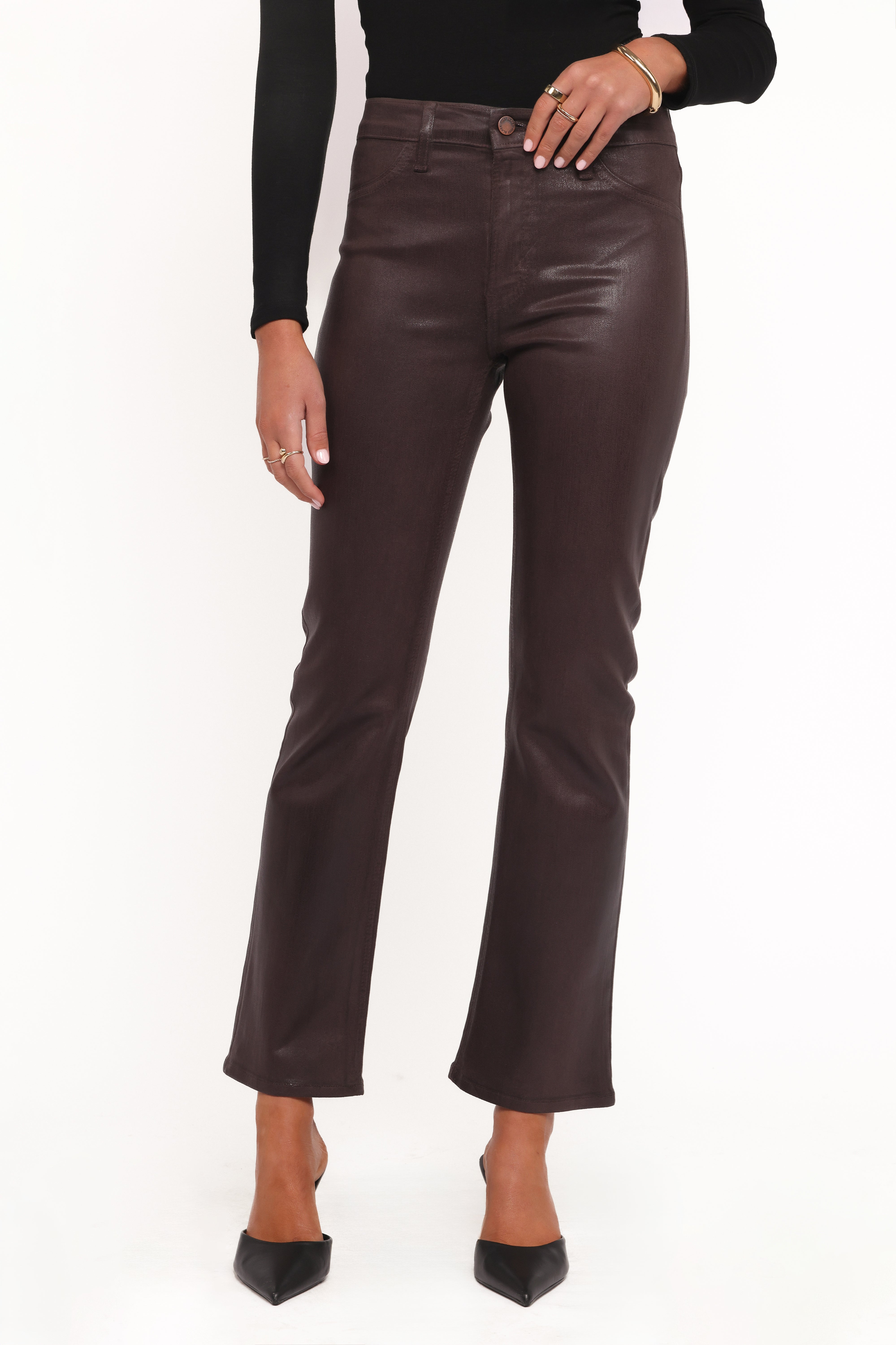 BOTTOMS Kalindi Coated Cropped Bootcut Jean - Espresso