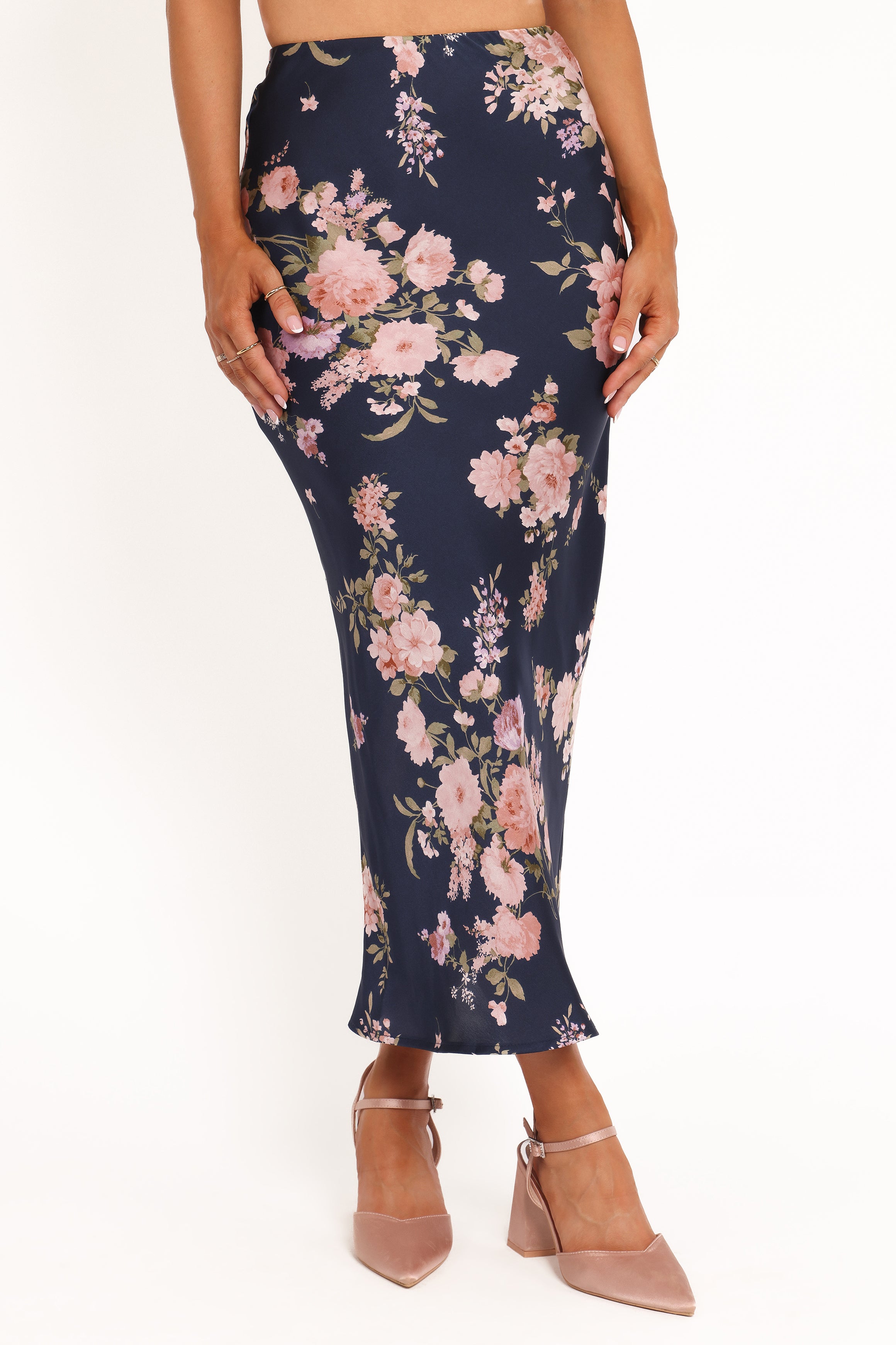 BOTTOMS Kenna Satin Midi Skirt - Navy Floral