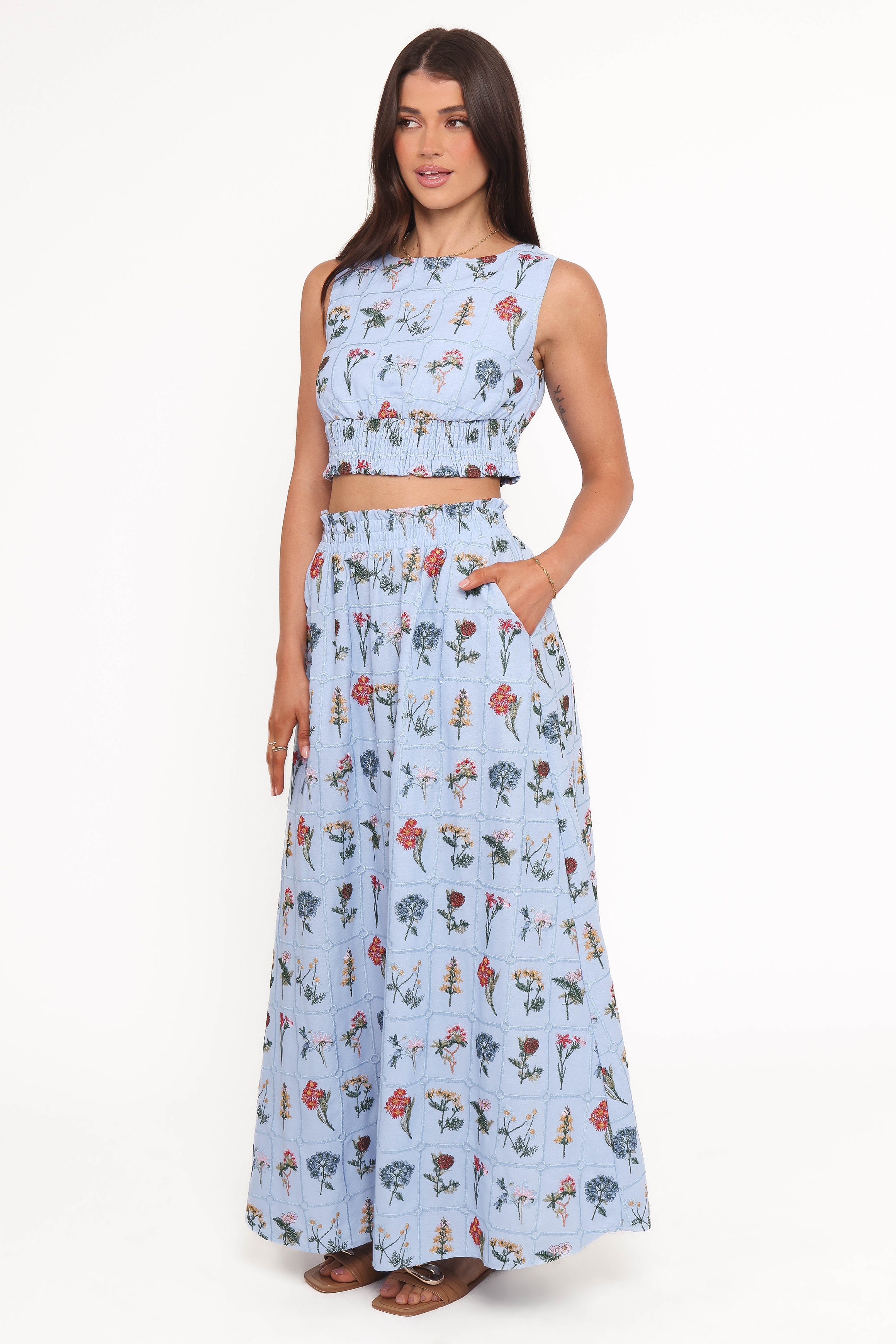 BOTTOMS Kimora Embroidered Maxi Skirt - Blue Floral
