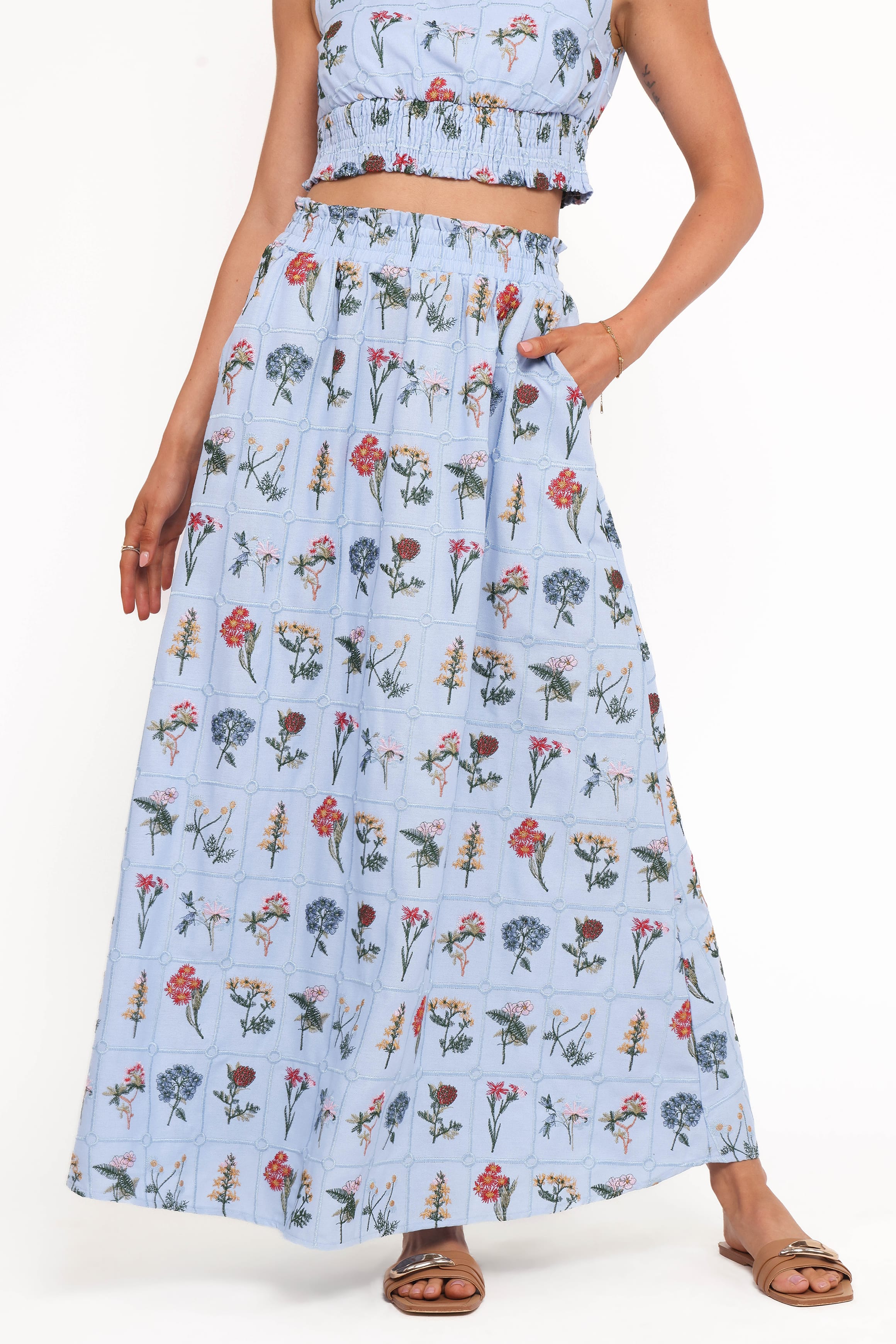 BOTTOMS Kimora Embroidered Maxi Skirt - Blue Floral