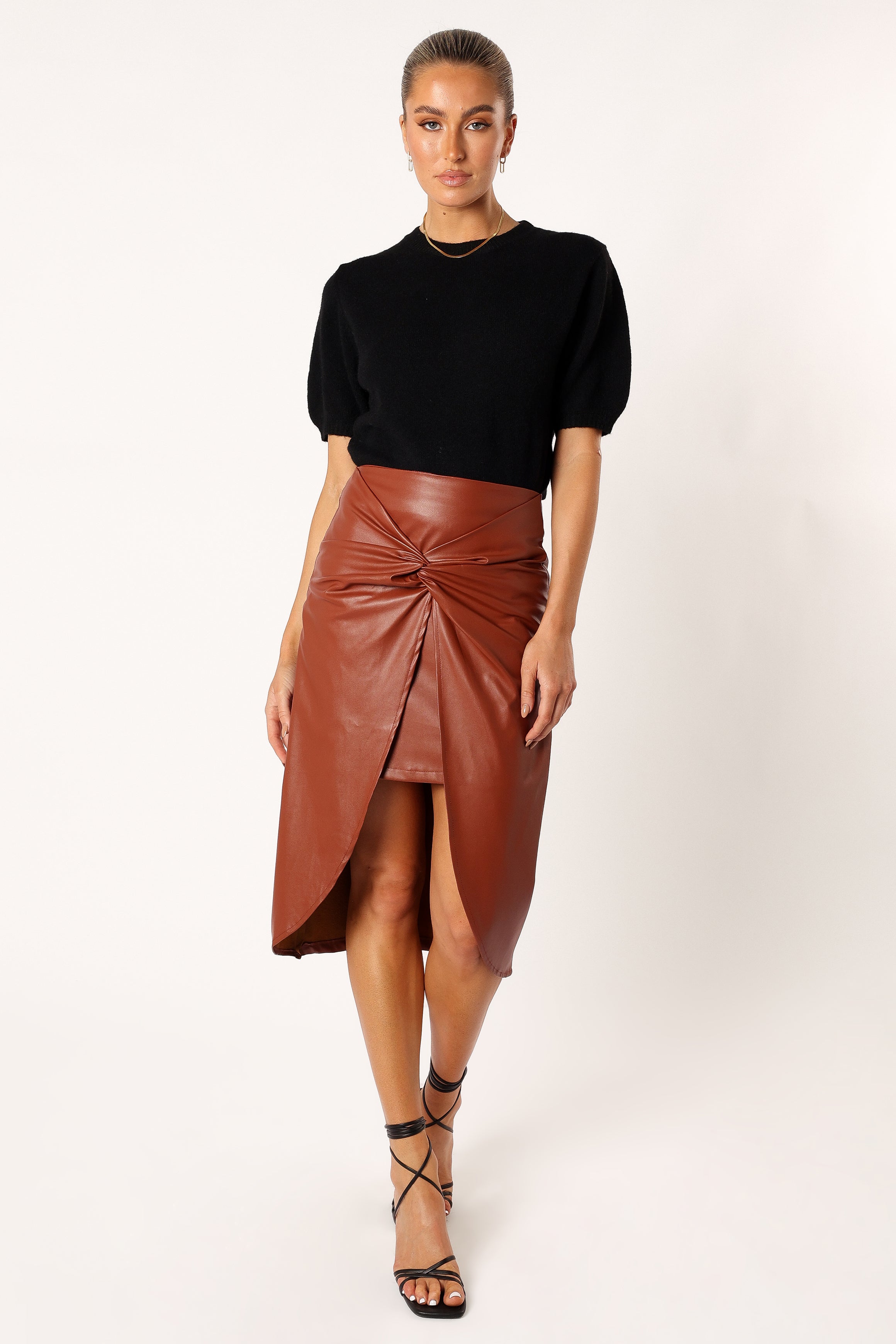 BOTTOMS @Kristy Vegan Leather Skirt - Brown