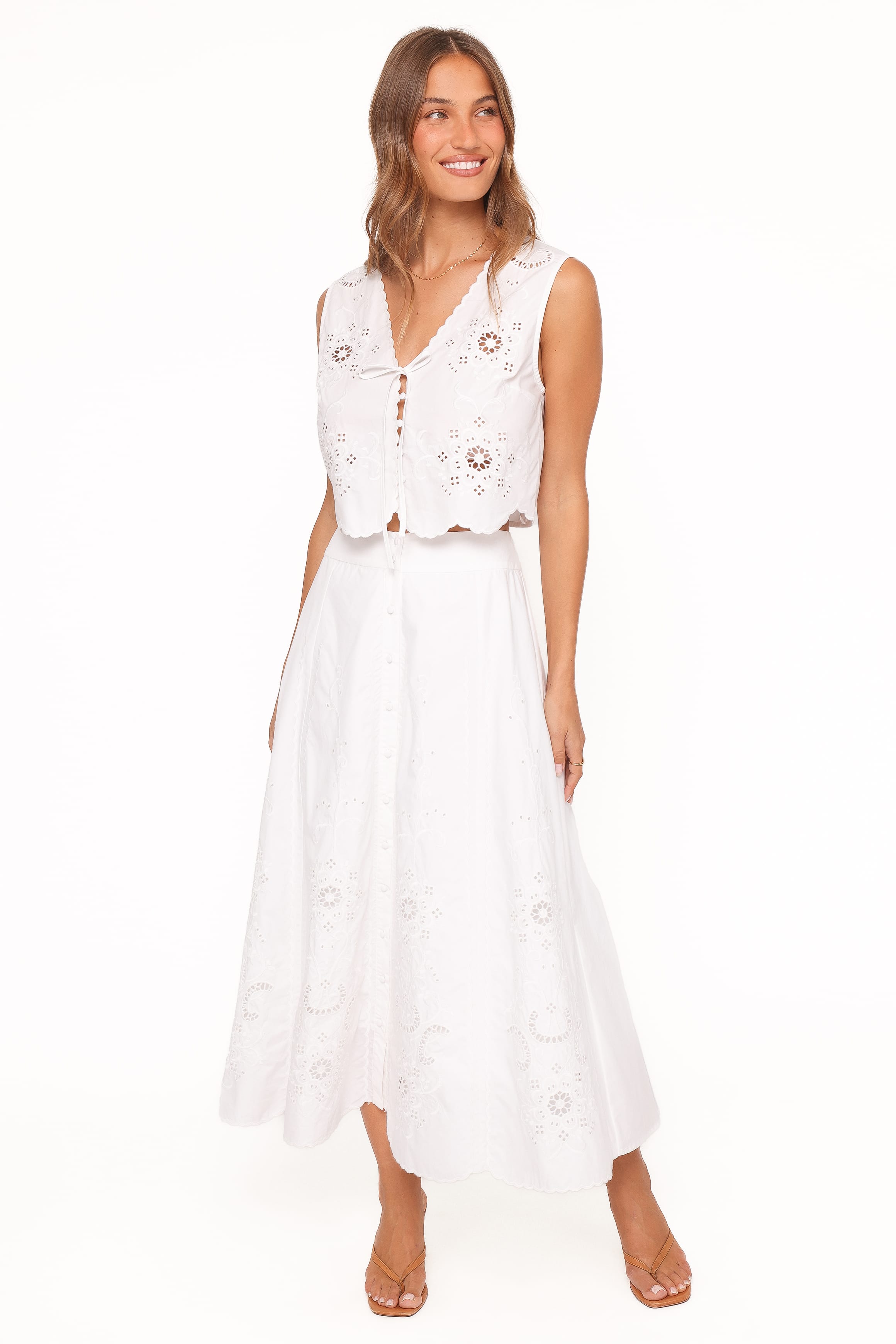 BOTTOMS Kye Midi Skirt - White Broderie