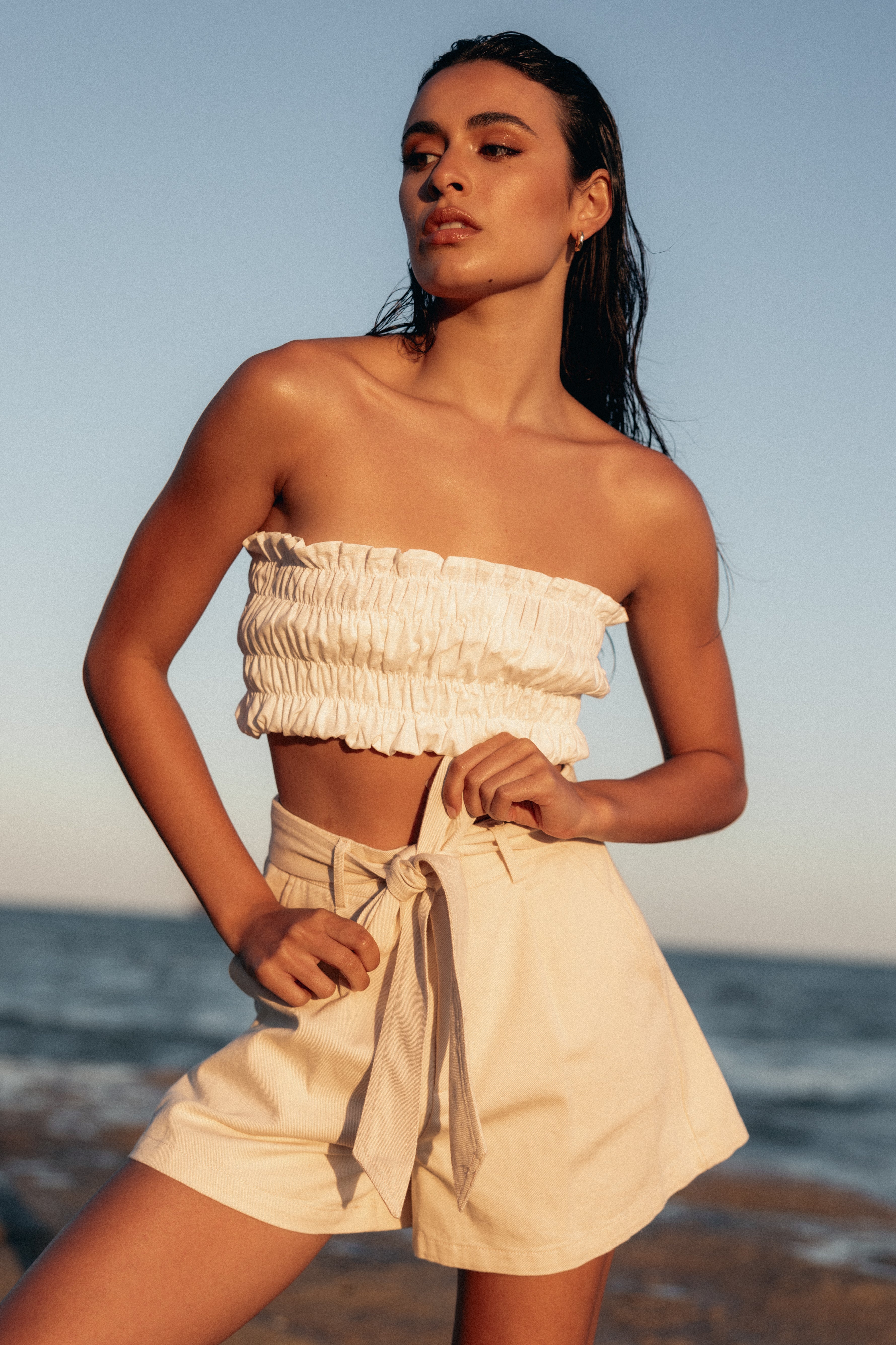 BOTTOMS Lacey Contrast Stitch Denim Short - Ecru