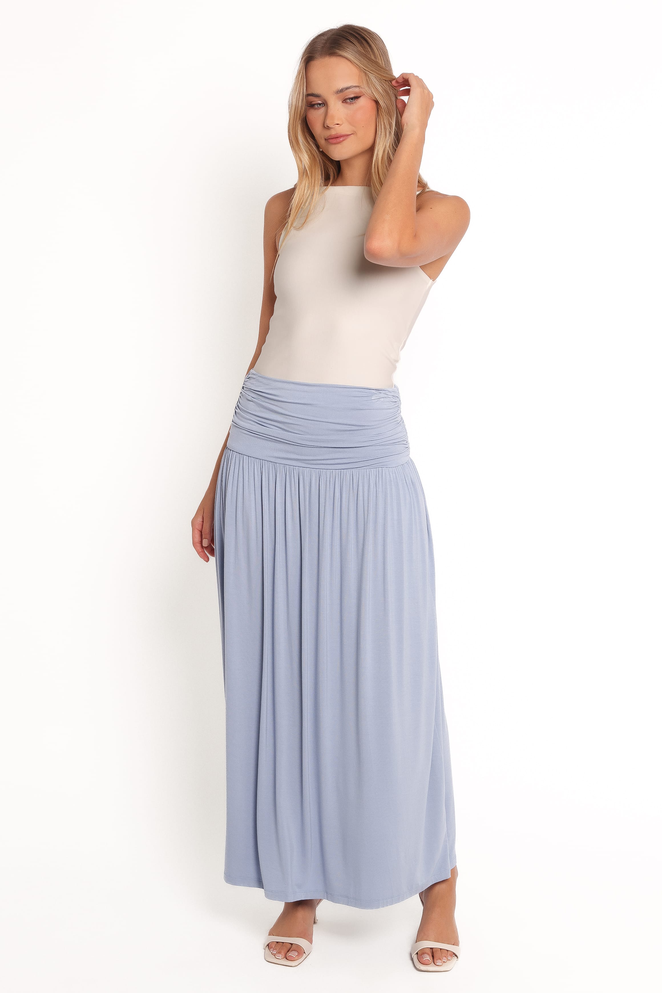 BOTTOMS Lavia Ruched Knit Maxi Skirt - Soft Blue