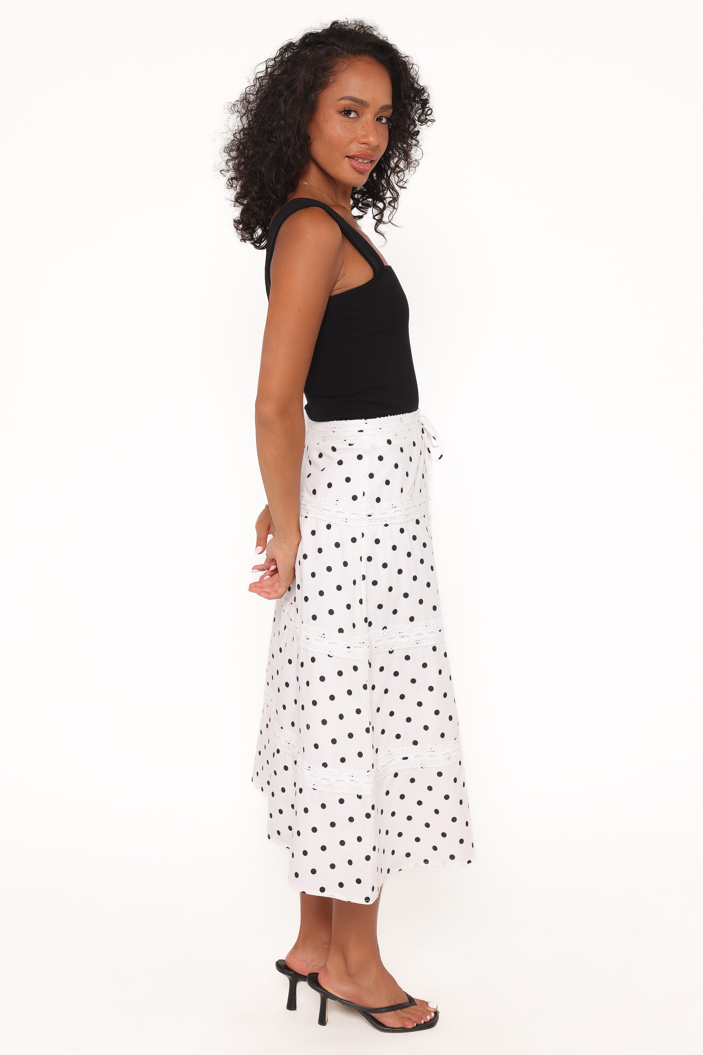 BOTTOMS Lucia Tiered Midi Skirt - White Polka Dot