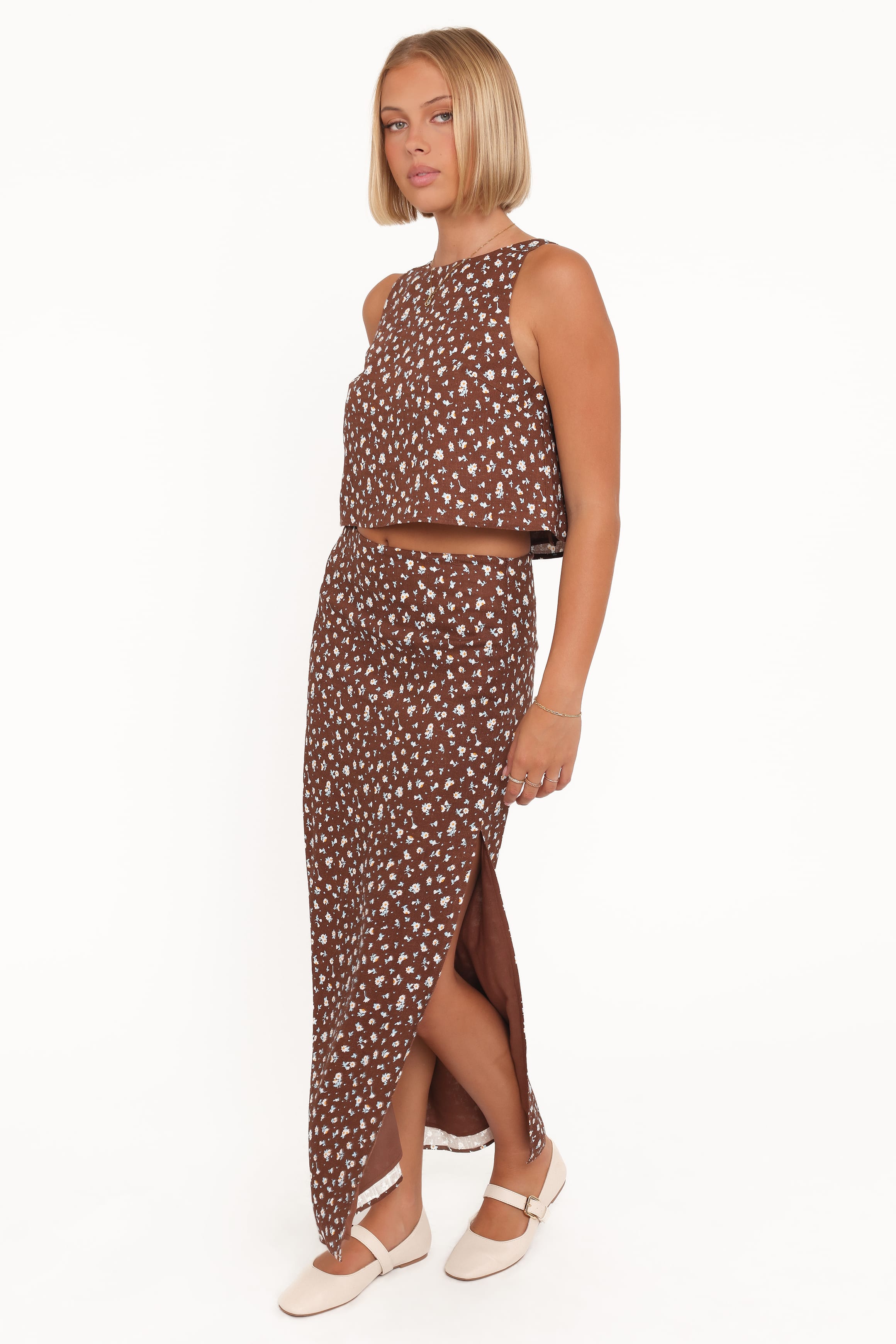 BOTTOMS Madison Linen Column Skirt - Brown Floral